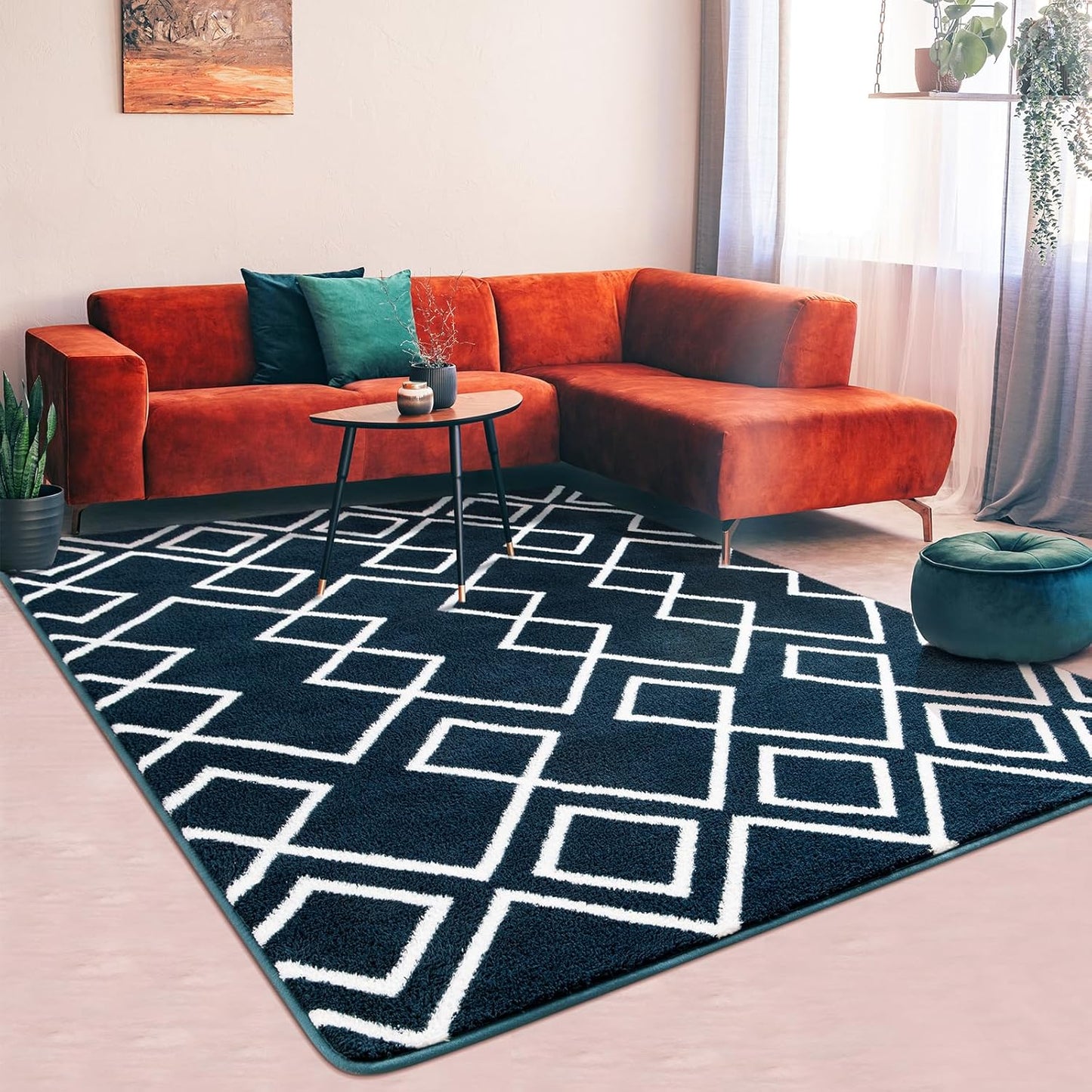 Soft Area Rug for Bedroom, 4x6Ft Moroccan Rugs for Living Room, Geometric Non-Slip Carpet with Memory Foam for Boys Girls's Bedside Office Dorm Hallway, Blue and White