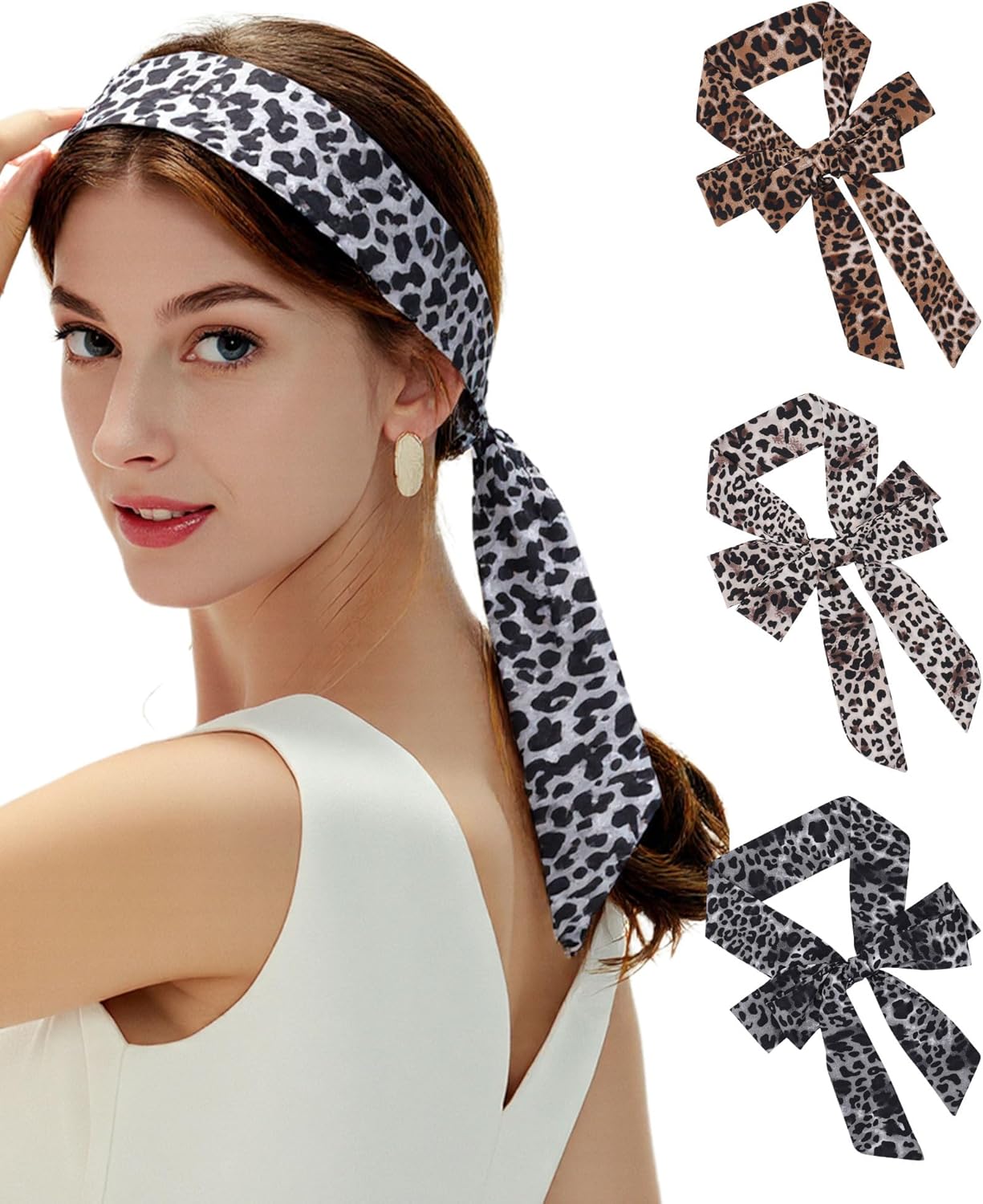 CHLINS 3 Pcs Head Scarves for Women Leopard Purse Bag Scarfs for Handbags Long Skinny Hair Band Neck Scarf for Women Girls
