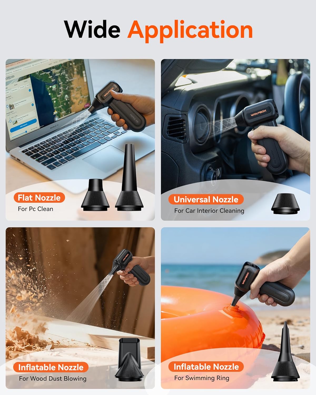 WOLFBOX MF60 Compressed Air Duster-110000RPM Super Power Electric Air Duster, 3-Speed Adjustable Rechargeable Cordless Air Blower with Fast Charging for PC Keyboard Cleaning, Car, Home, 5 Nozzle
