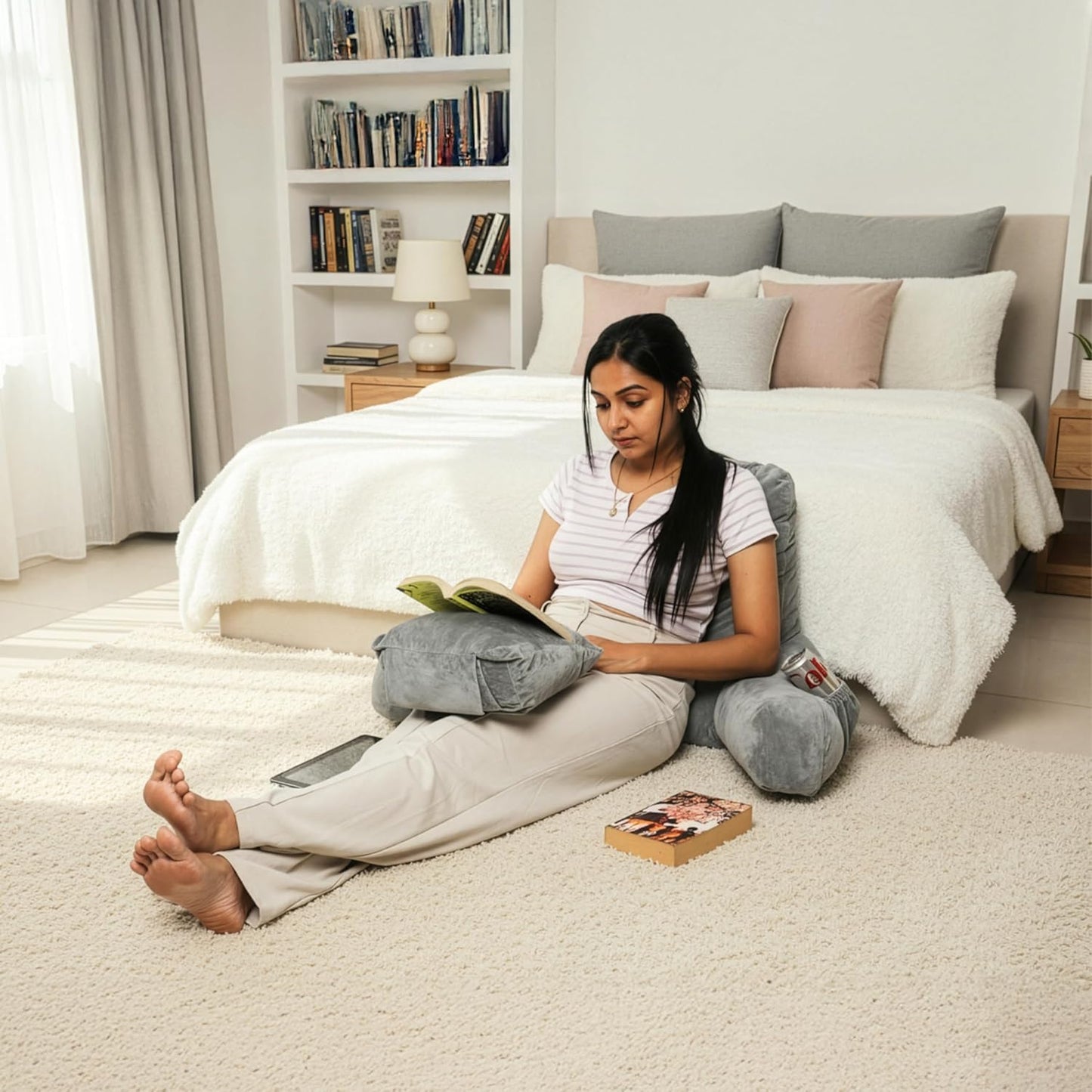 XL Reading Pillow for Bed with Arms – 2026 Upgrade Fixed Headrest Book Pillow, Supportive Ergonomic Backrest for iPad Reading, Dorm Rooms, TV Watching & Relaxing (Grey)