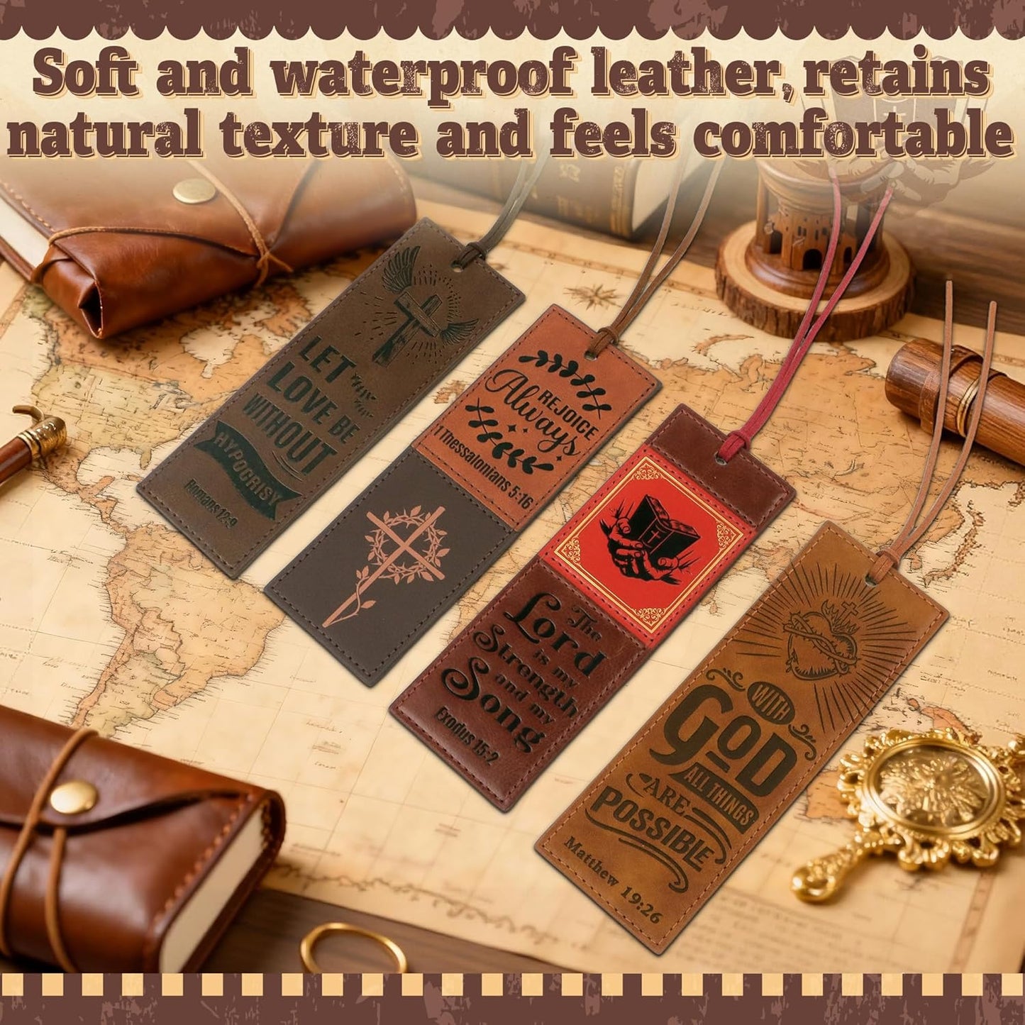 4PCS Leather Bookmark Bible Bookmarks for Reading Women Men Teacher Book Lovers Gifts, Handmade Vintage Religious Christian Bookmark Page Markers Inspirational Bible Verse Scripture Book Marks