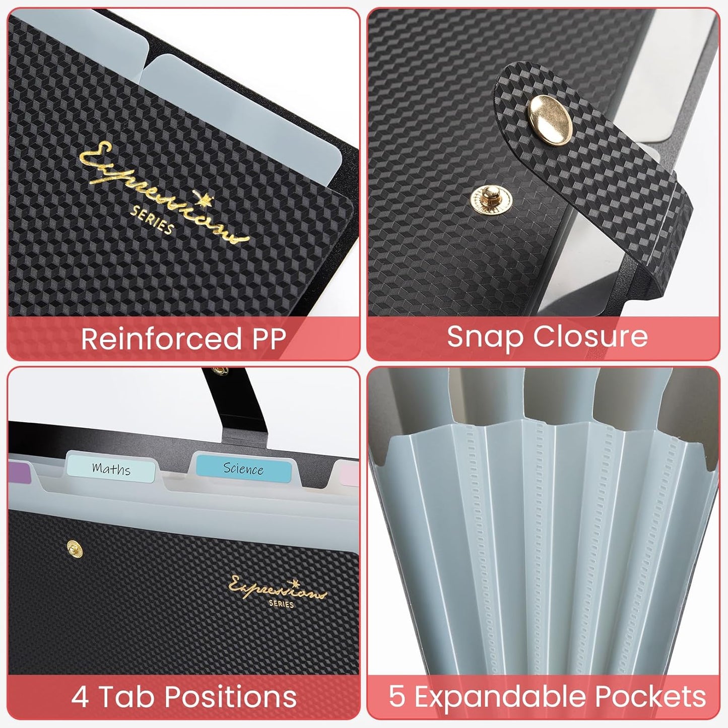 Sooez Accordion File Organizer, Letter Size Expanding File Folder with Labels, 5 Pocket Folders for Document, Portable Paper Bill Receipt Organizer for Home School Office Supplies, A4 Size, Black
