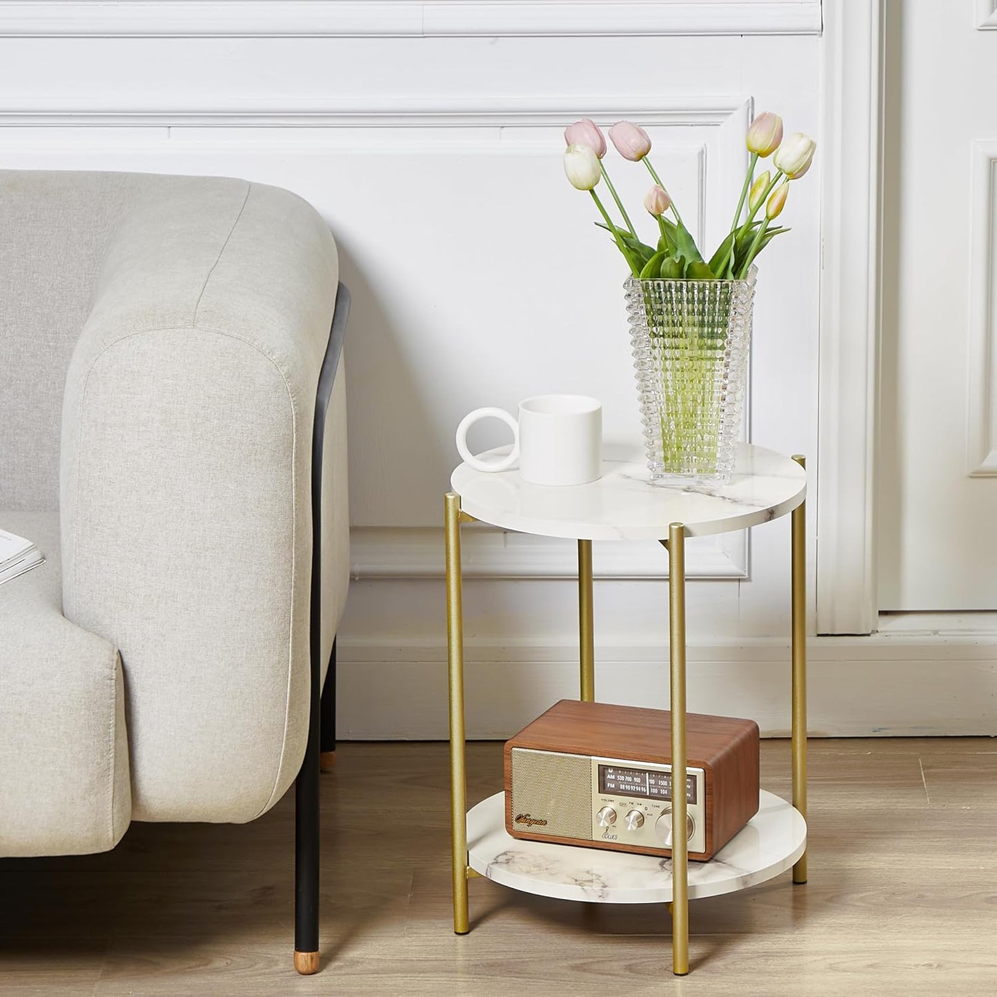 2 Tier Round Side Table, Folding End Tables Coffee Table Simplistic Sofa Table Waterproof Removable Tray Table Indoor Outdoor Accent Table for Living Room Bedroom (Faux Marble White, 1pcs)