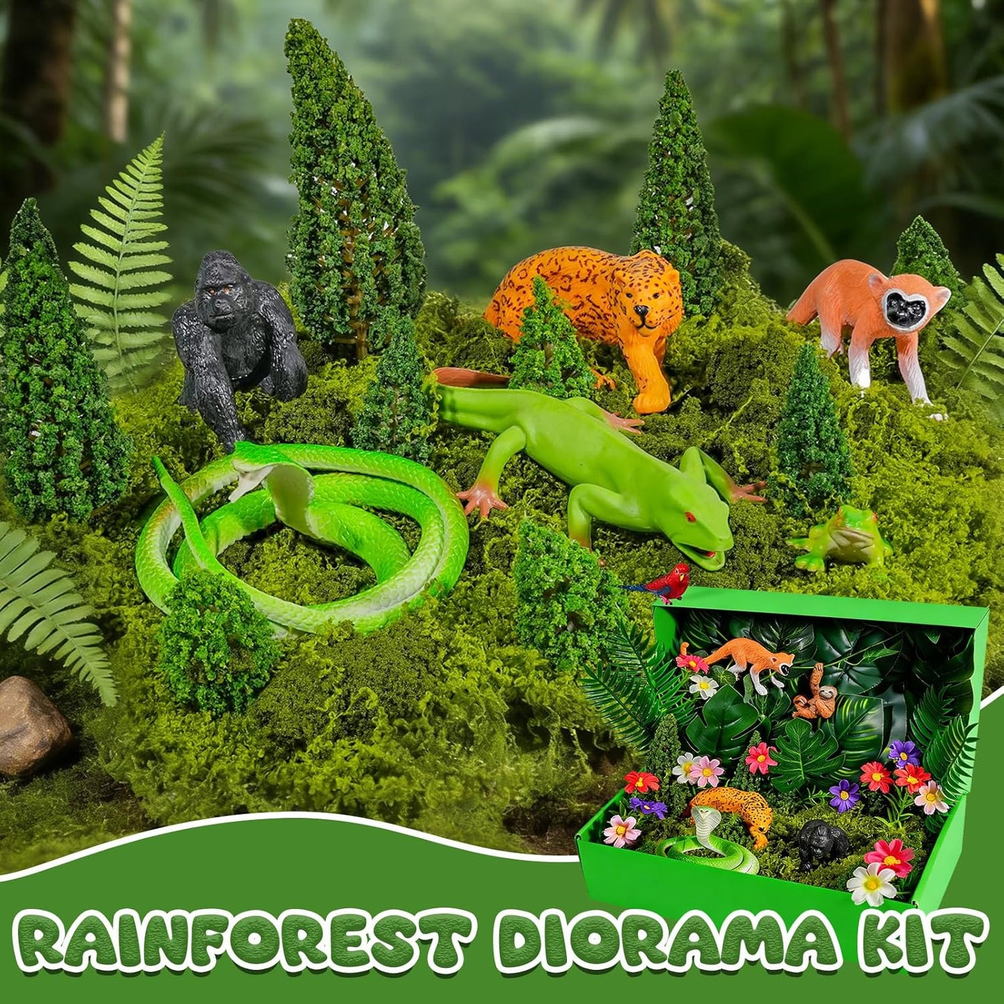 Warmtree 57 Pcs Rainforest Diorama Kit Forest Animals Figures Assorted Creatures Rainforest Diorama Supplies Animals Model Trees for Rainforest Cake Topper Birthday Party DIY Craft Projects