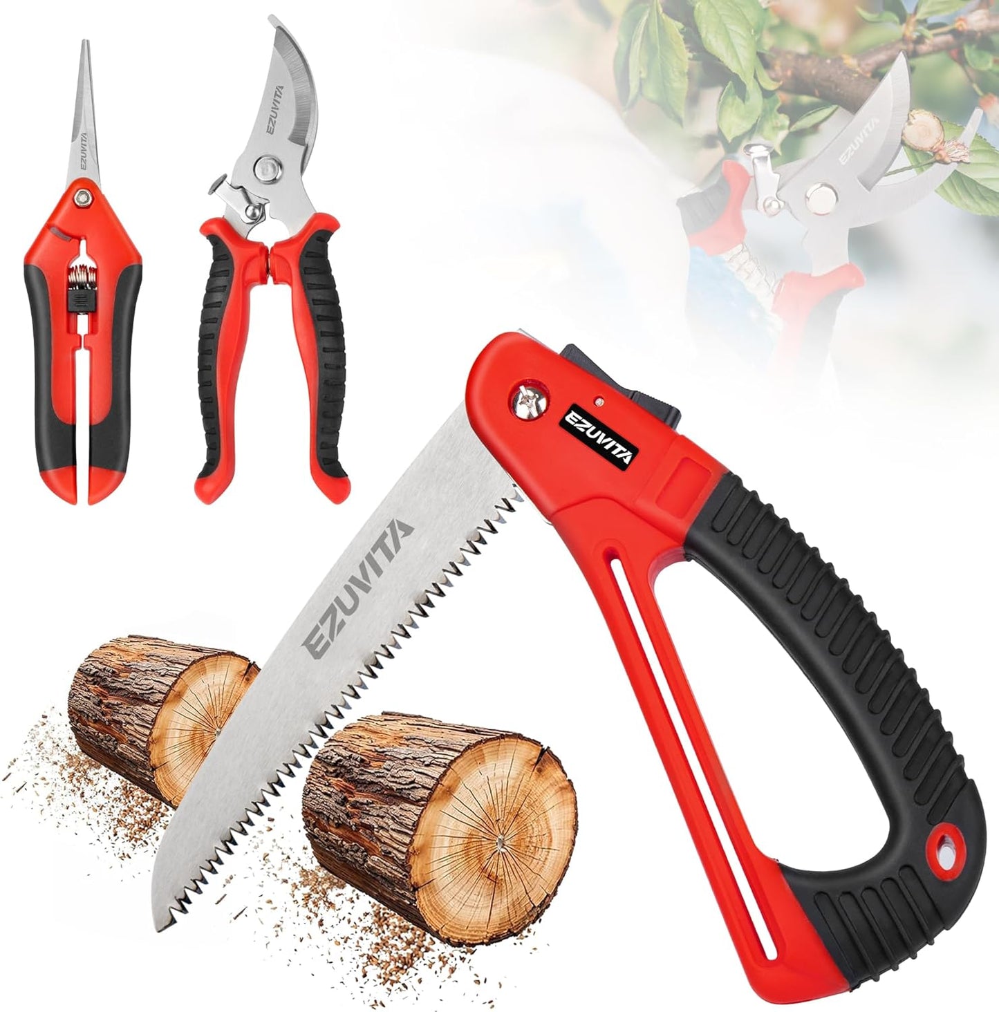 3PC Gardening Folding Saw with Pruner and Shears Set, 7 inch Hand Saw, Stainless Steel Garden Scissors 2 Pack, Professional Gardening Tools for Wood Cutting, Landscaping, Trimming, Picking