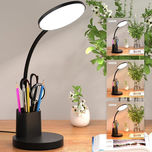 Desk Lamp, LED Desk Lamp for Home Office, Touch Table Lamp with 3 Color Modes 360° Adjustable Arm, Dimmable Desk Light with Pen Phone Holder, Black