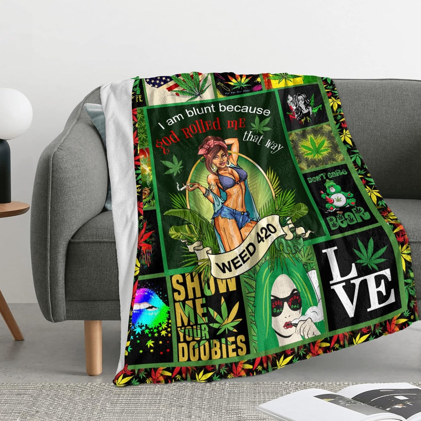 Socira Marijuana Gifts Flannel Sherpa Blanket - Large Leaf Soft Fleece Throw Blanket for All-Season, Weed Stuff Sheets 60''X80''