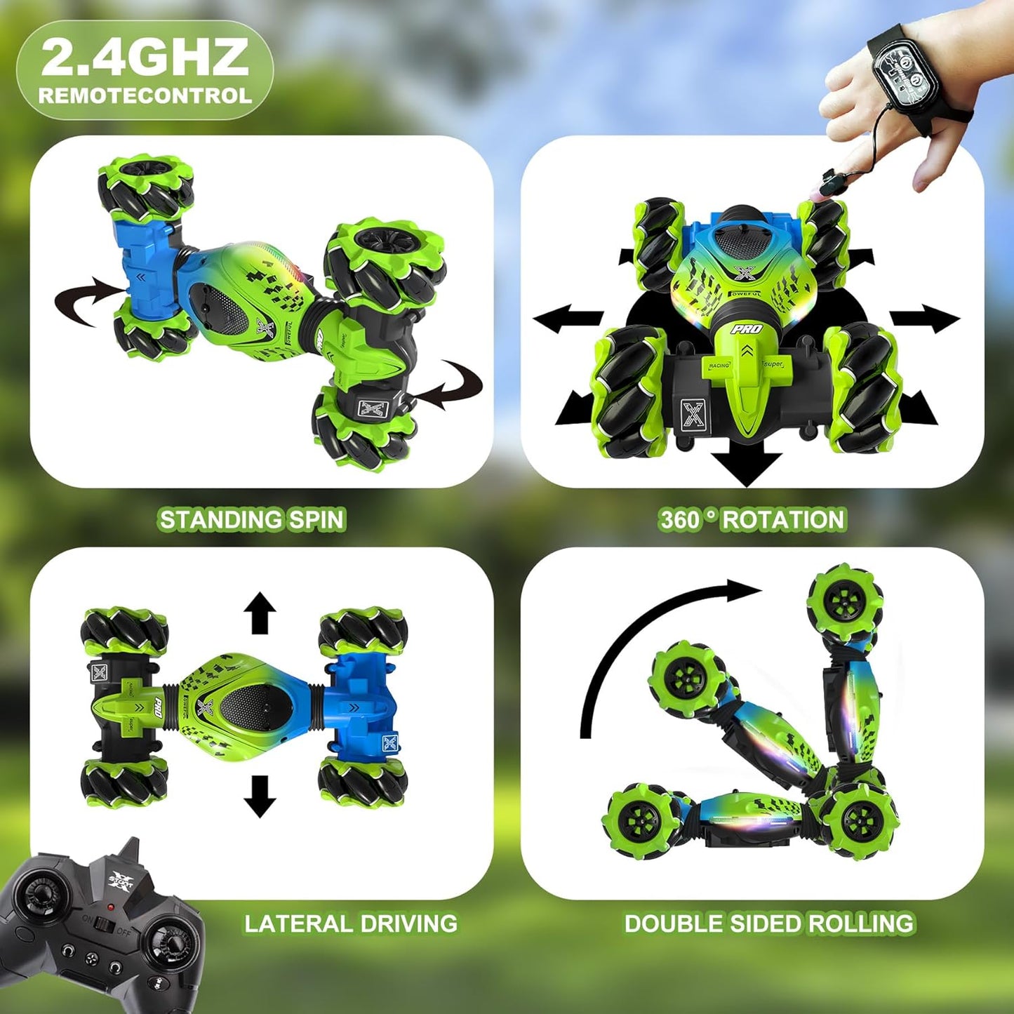 Gesture RC Car Green, 1:24 4WD Transform Off-Road Stunt Car with Gesture & Remote Control, 360° Flips Drift Vehicle with LED Lights Music, All Terrain Toy Cars Gifts for Boys Girls Age 6-12