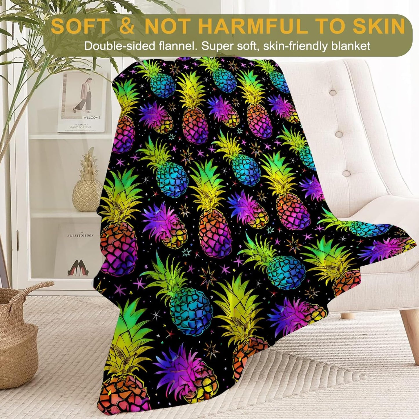 Electric Pineapple Flannel Blanket - Lightweight Soft Cozy Unique Gifts Blankets for Kids,Adult,Women,Galaxy Tropical Neon Fruit Throw,Home Room Modern Picnic Decor 50x60in
