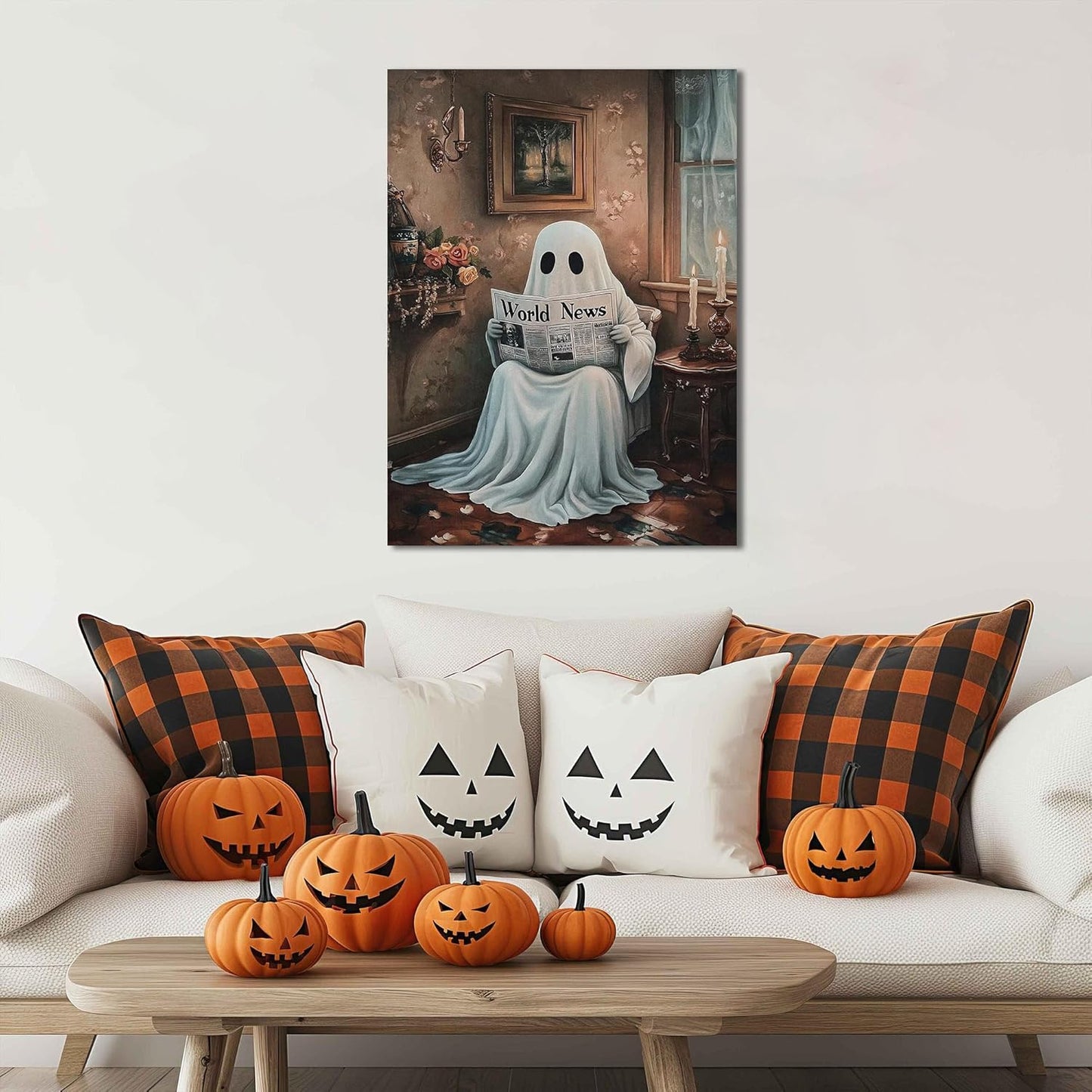 Dark Academia Halloween Ghost Canvas Wall Art Painting Vintage Spooky Ghost Reading Newspaper on Toilet Halloween Pictures Poster for Aesthetic Bathroom Room Wall Decor 08x10inch Unframed