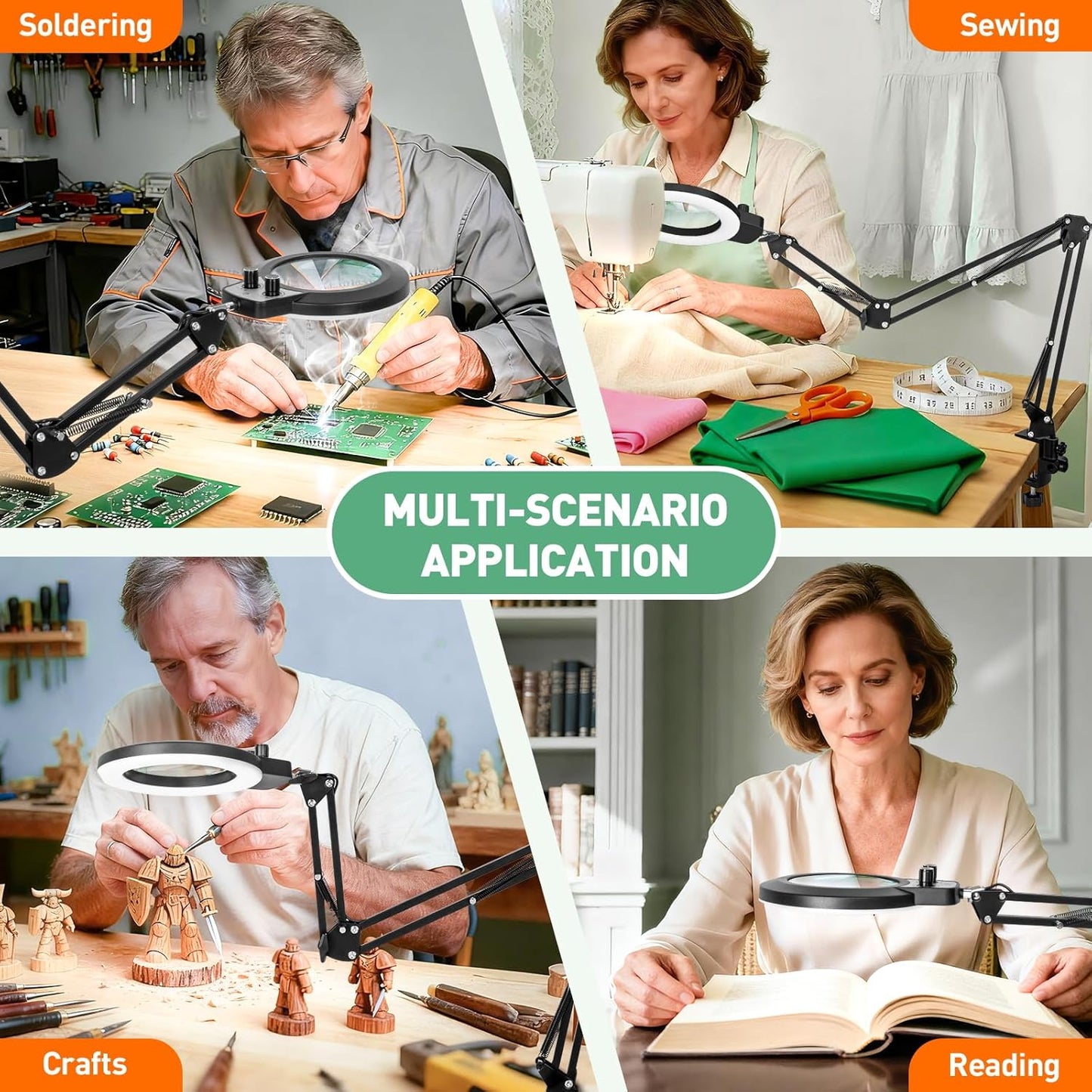 12X Magnifying Glass with Light, Ultra Long 3 Section Swing Arm LED Desk Lamp with Large Clamp, 3 Color and Brightness Hands Free Magnifier Light and Stand for Workbench Crafts Reading Sewing
