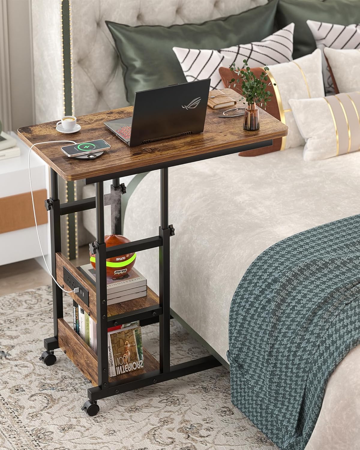 Height Adjustable End Table with Charging Station, Mobile C Shaped Laptop Side Table with Wheels, 3-Tier Sofa Couch Table with Storage Shelve for Living Room Bedroom, Rustic Brown