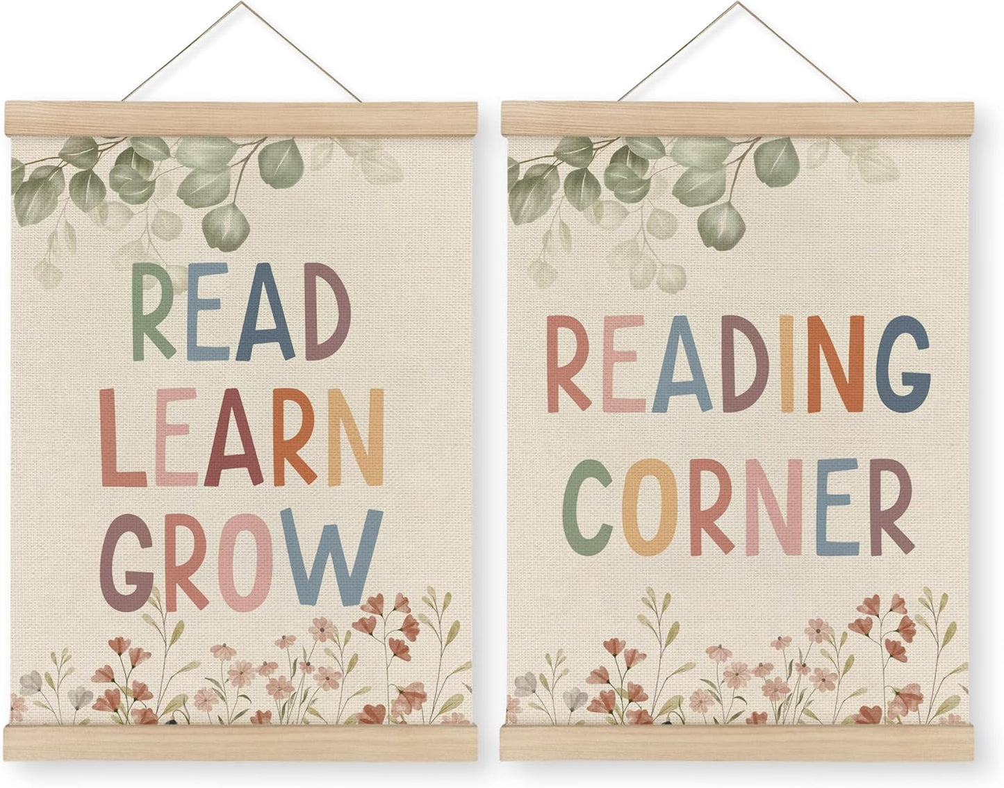 MAQIKA Boho Reading Corner Decor Poster Framed with Wood Hanger Set of 2, Playroom Wall Decor, Read Sign Hanging Wall Decor,Wildflower Nursery Canvas Wall Art Paints for Playroom Classroom 12x16 Inch