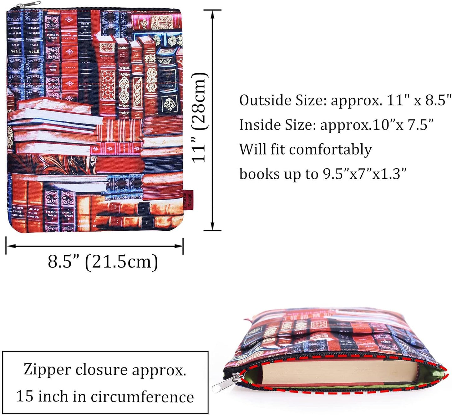 LParkin Classic Bookcase Book Sleeve Cover, Book Protector with Zipper for Paperbacks, Medium 11 X 8.5 Inch,Book Pouch Book Lovers Gift