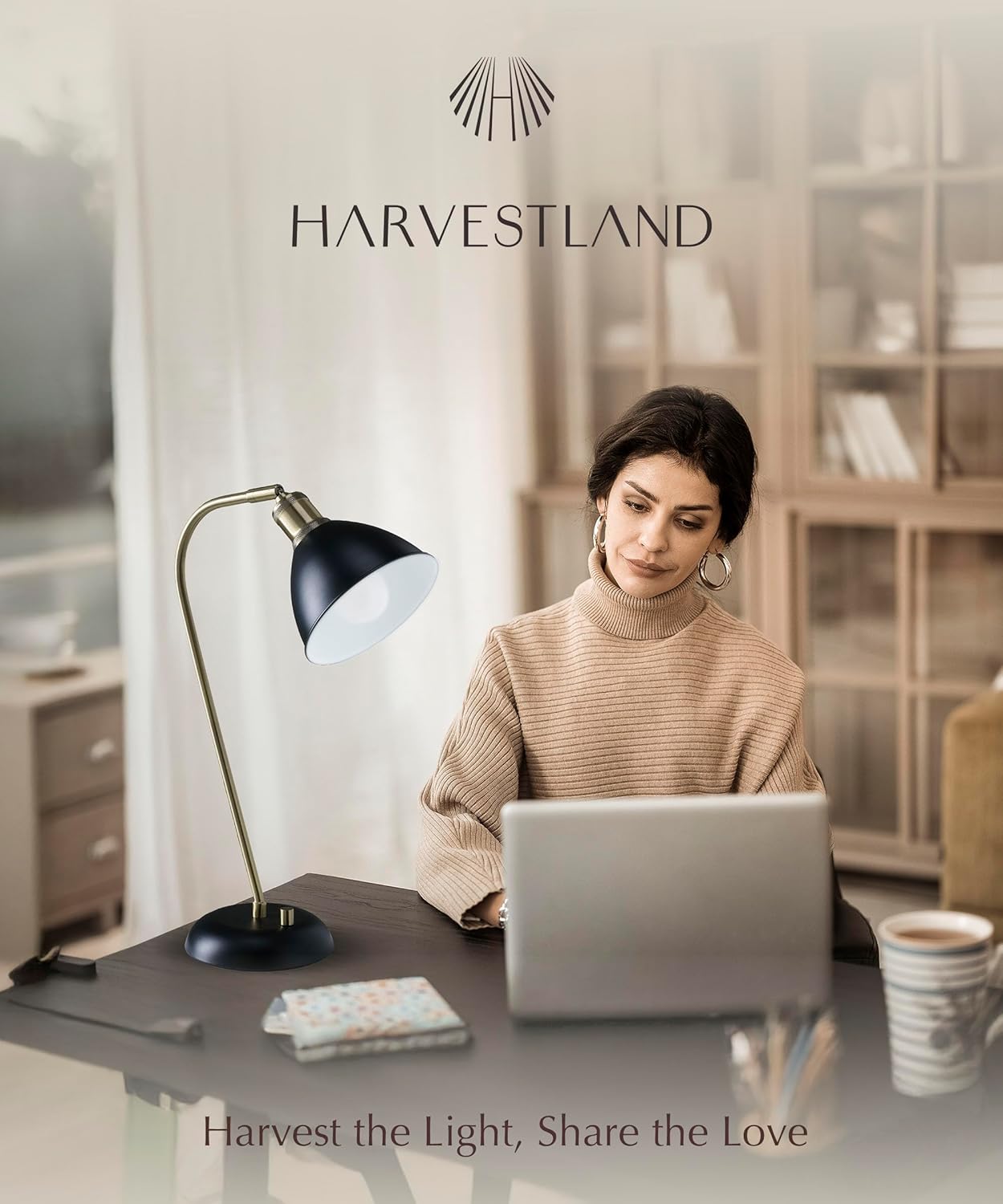 HarvestLand Halo Black and Brass Desk Lamp – Adjustable Desk Lamp with Metal, Industrial Table Lamp with Solid Base for Home Office, Bedside Table Lamps, Task Lamp, Reading lamp, Great Gifts