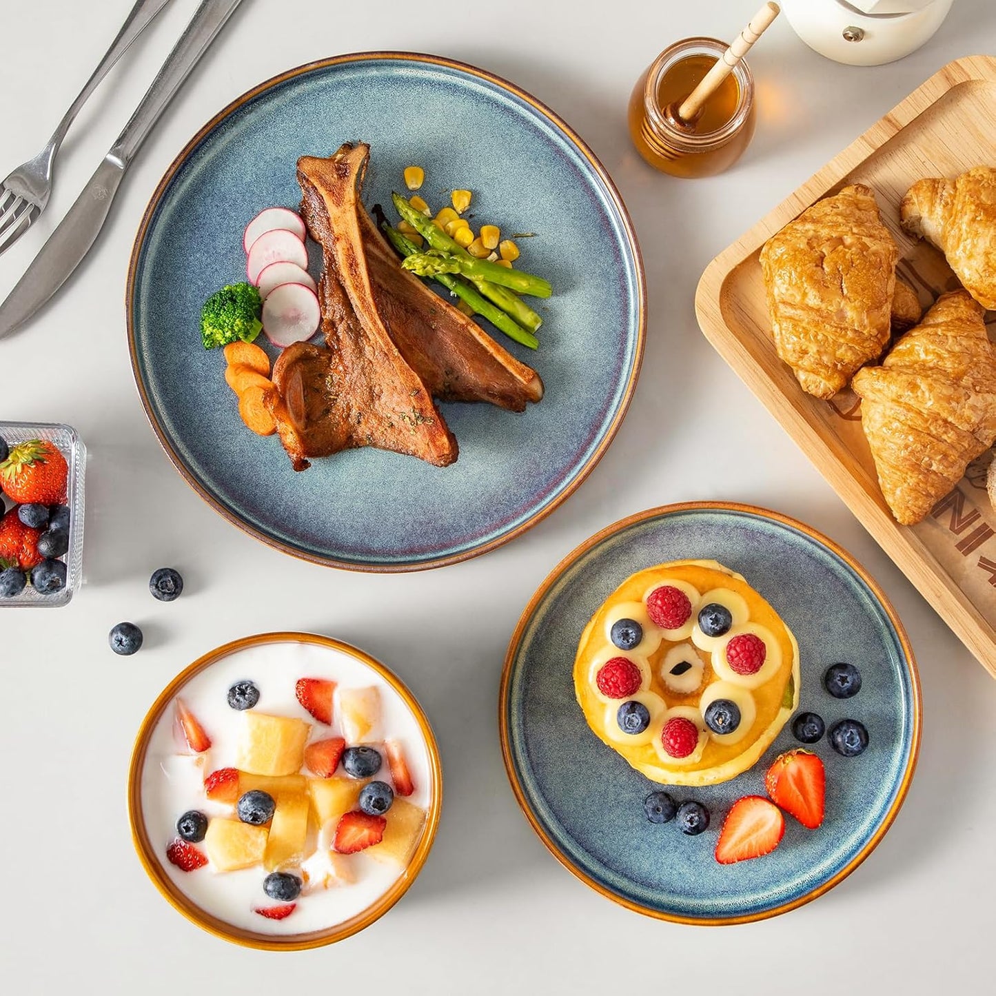 vancasso ONION Ceramic Plates and Bowls Sets, 12 Pieces Blue Dinnerware Sets for Kitchen, Reactive Glaze Dishes Set for 4, Dishwasher and Microwave Safe