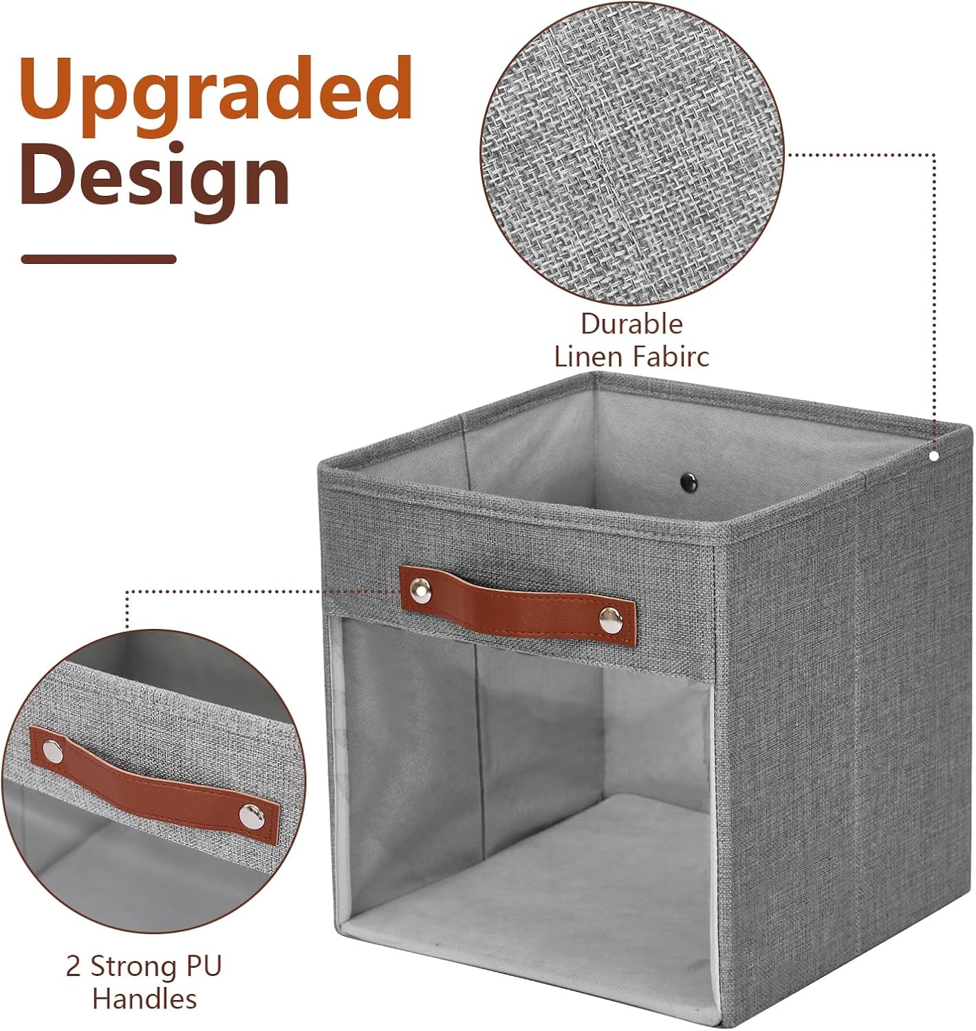 Storage Cube Organizer with Clear Window, Linen Collapsible Storage Boxes with PU Handles, Cube Storage Bins for Shelf, Closet, Cabinet, Bookcase (10.5x10.5x11, Gray)