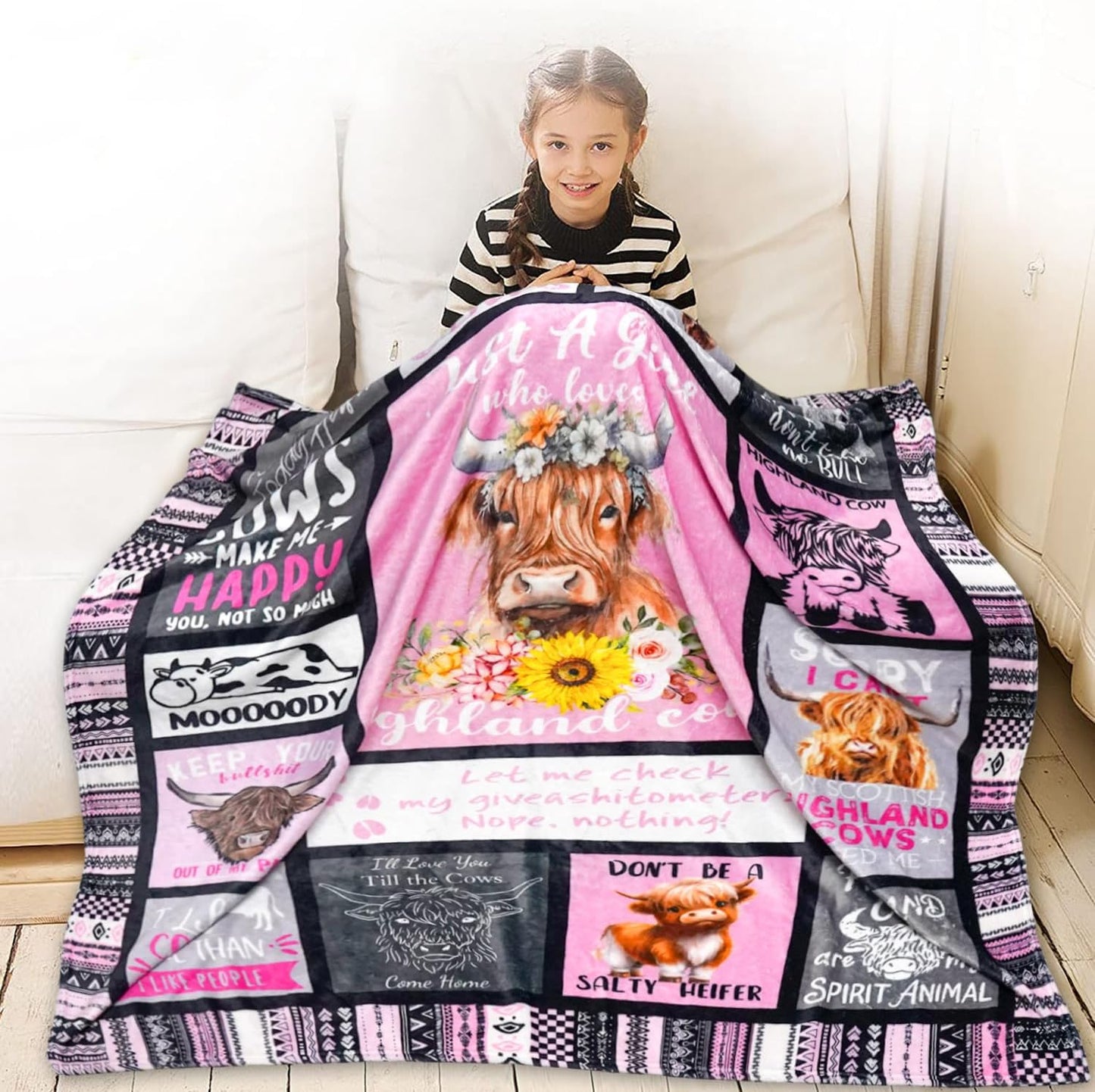 Highland Cow Gift for Women and Kids - Throw Blanket for Cow Lovers - Just A Girl Who Loves Highland Cows bBankets for Couch, Sofa, Bed, Chair 50 x 60 inch