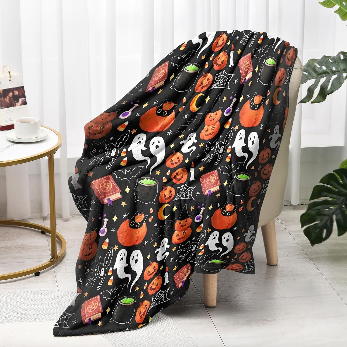 50"x40" Vintage Halloween Throw Blanket,Witch Spider Webs Bat Pumpkin Skull Gothic Blanket, Festival All Seasons Warm Cozy for Sofa Chairs Bed Office Home Women GIrls Gift (Halloween Blanket 4)