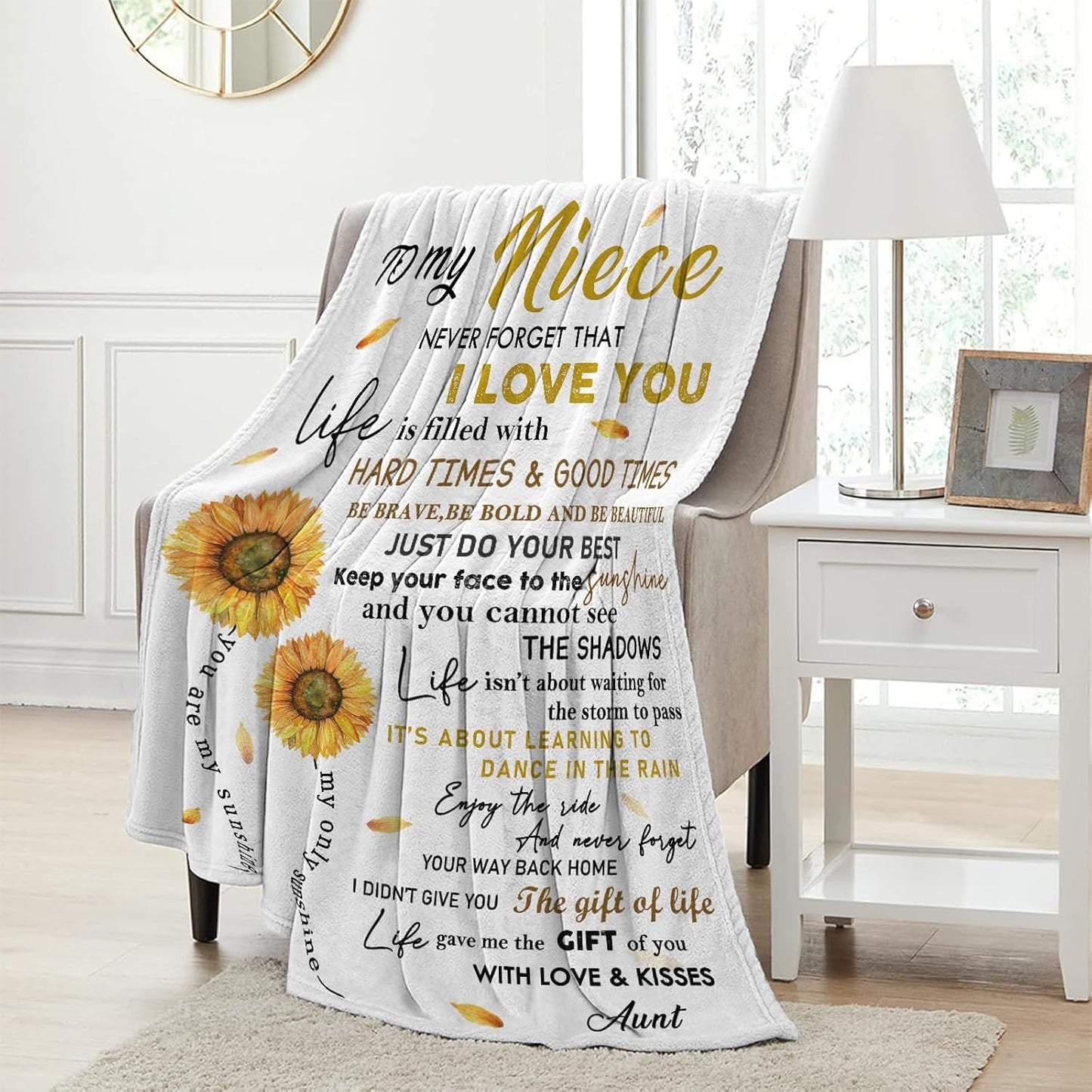 Niece Gifts from Auntie, to My Niece Soft Flannel Blanket 50"x60", Nieces Birthday Gifts for Graduation Thanksgiving Ideas, Sunflower Blanket from Aunt