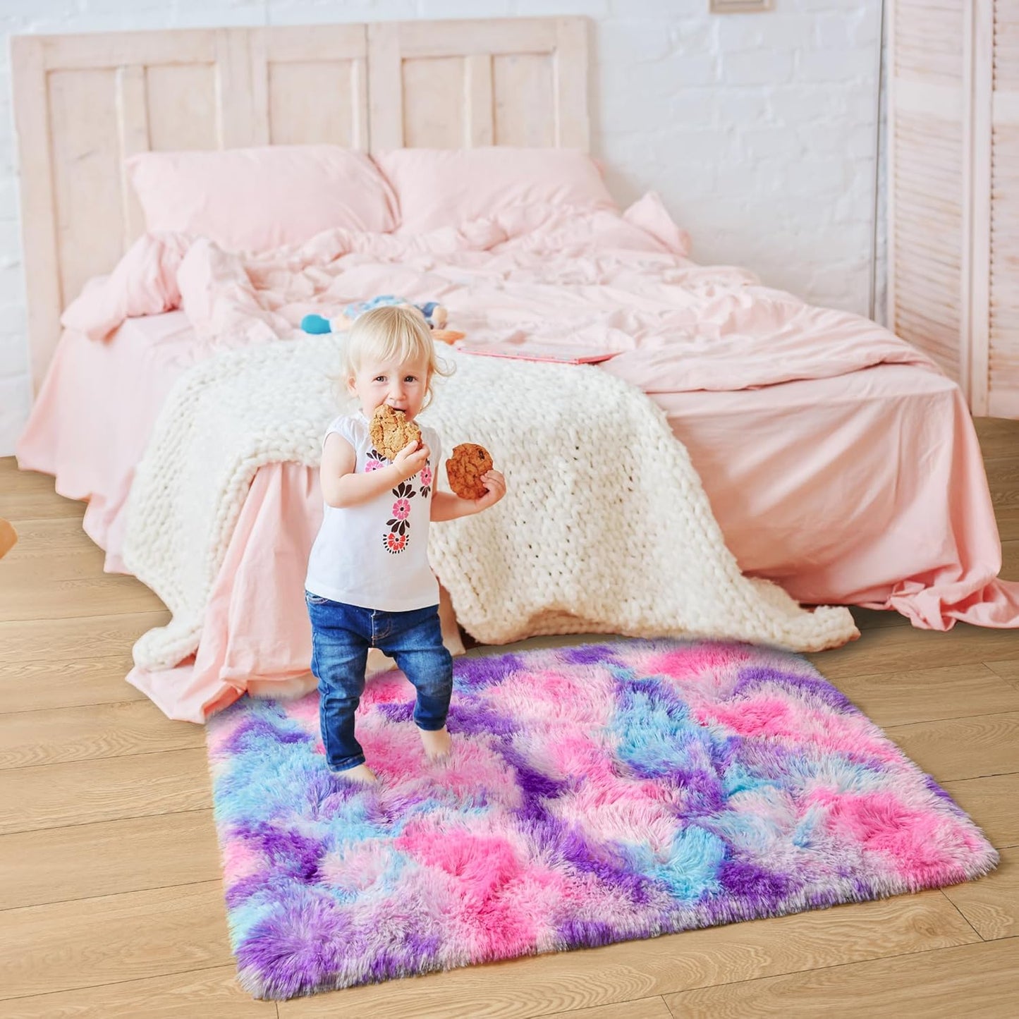 Tepook Soft Rainbow Rug for Girls Room, Cute Fluffy Girls Bedroom Rugs, 2x3 Feet Shaggy Princess Rug Colorful Carpet for Kids Teens Toddler Playroom Nursery Reading Nook, Hot Pink