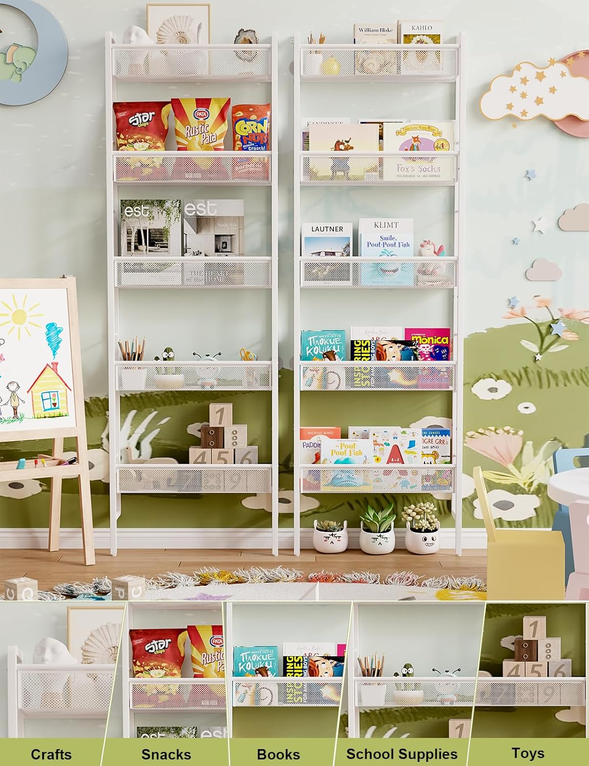 B8 Kids Bookshelf Wall Mounted, 5-Tier Wall Bookshelf for Kids, Children's Bookcases Organizer for Toys and Books, Metal Toddler Book Shelves for Nursery, Bedroom, Living Room, White