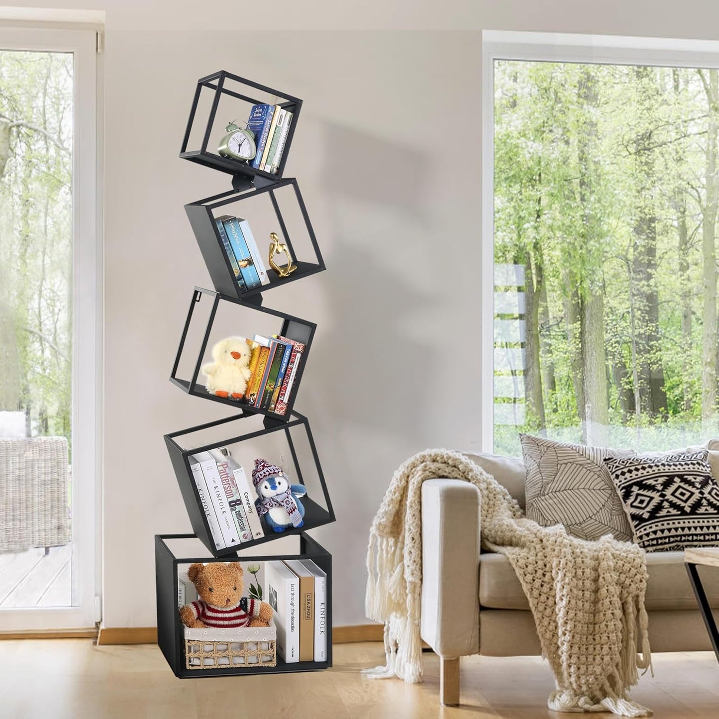 Book Shelf 5 Tier, Black Metal Bookshelf 67 Inch, Narrow Corner Bookcase Skinny Bookshelves for Bedroom, Living Room, Office, Home Decor