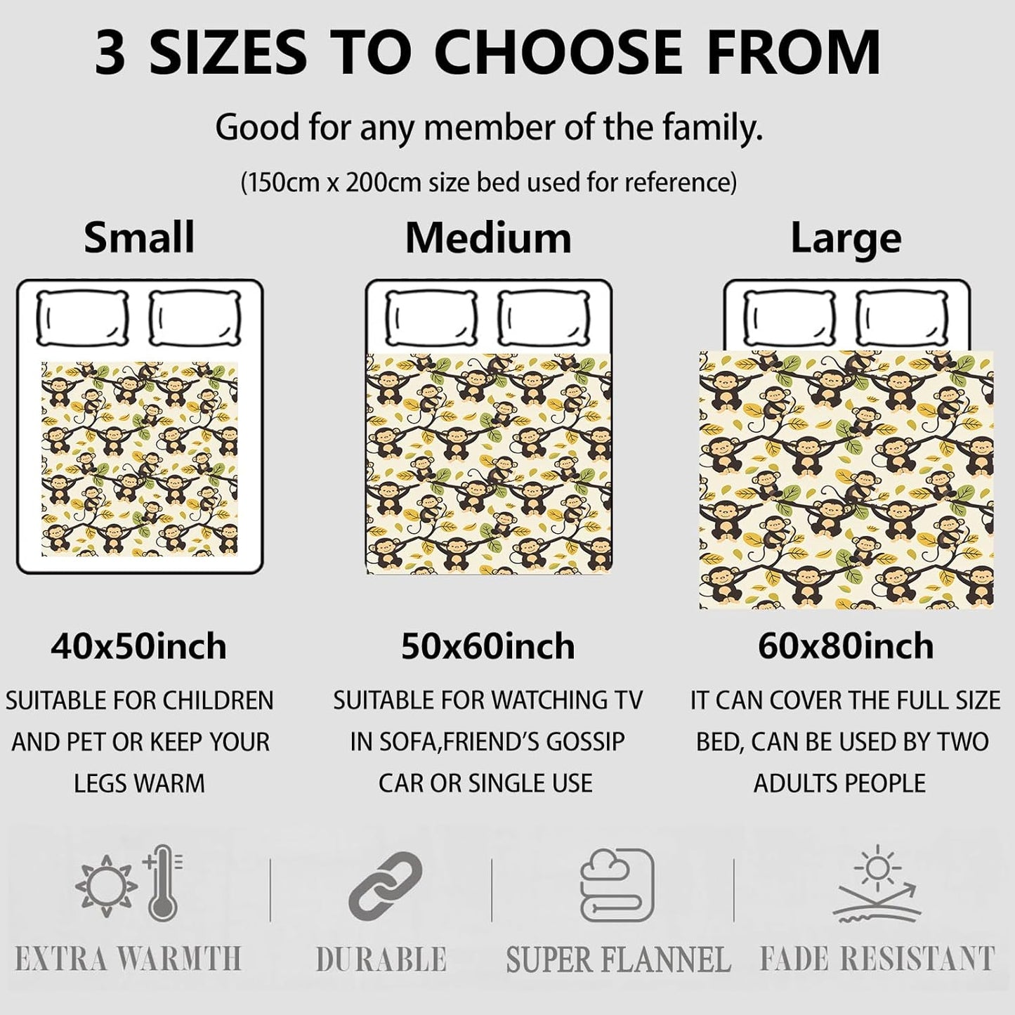 Monkey Pattern Throw Blanket Gifts for Women, Soft Fuzzy Warm Cozy Flannel Blankets for Bedroom, Travel, Couch, Home Decor 50x60 in