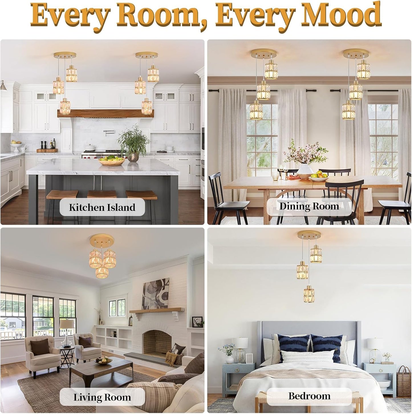 Modern Gold Crystal Pendant Light Fixture - 3-Light Adjustable Hanging Lamp for Kitchen Island, Dining Room, Living Room & Bedroom | Dimmable, Quick Install Farmhouse & Industrial Pendant Lighting