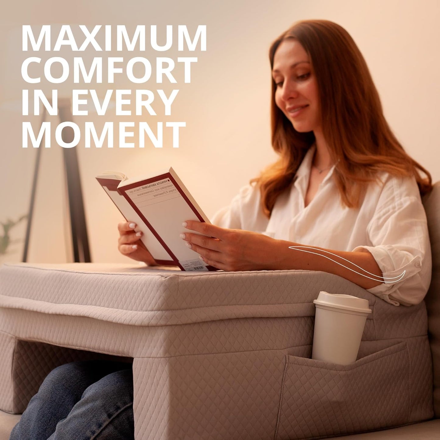 Reading Pillow for Gaming & Laptop (Includes 2 Washable Pillowcases) – 24″ Laptop Pillow for Bed, Couch, Steam Deck, Switch, High Density Foam Arm Rests, Pockets, Ergonomic Back Support