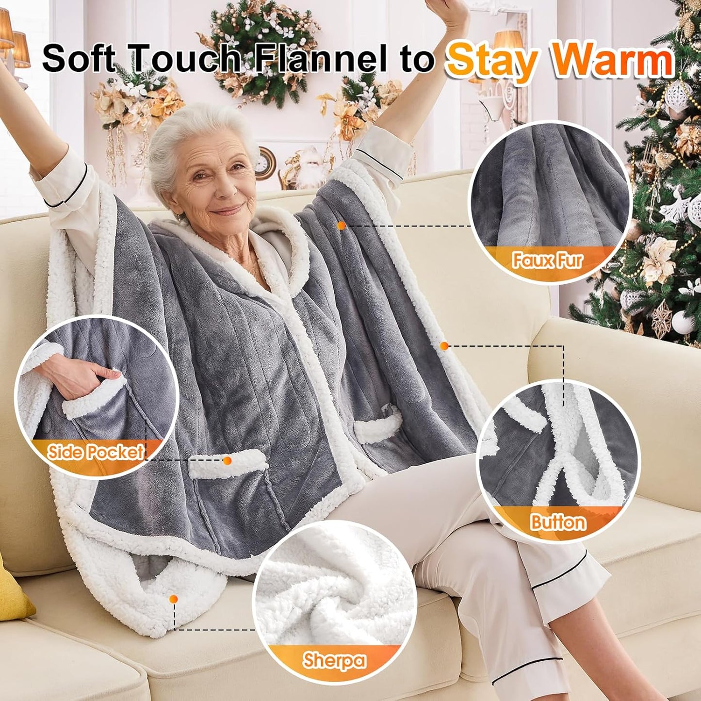 greenoak Wearable Heated Throw Blanket Electric Shawl - Heated Robe Poncho Blanket Hoodie for Adult, Winter Gifts for Mom