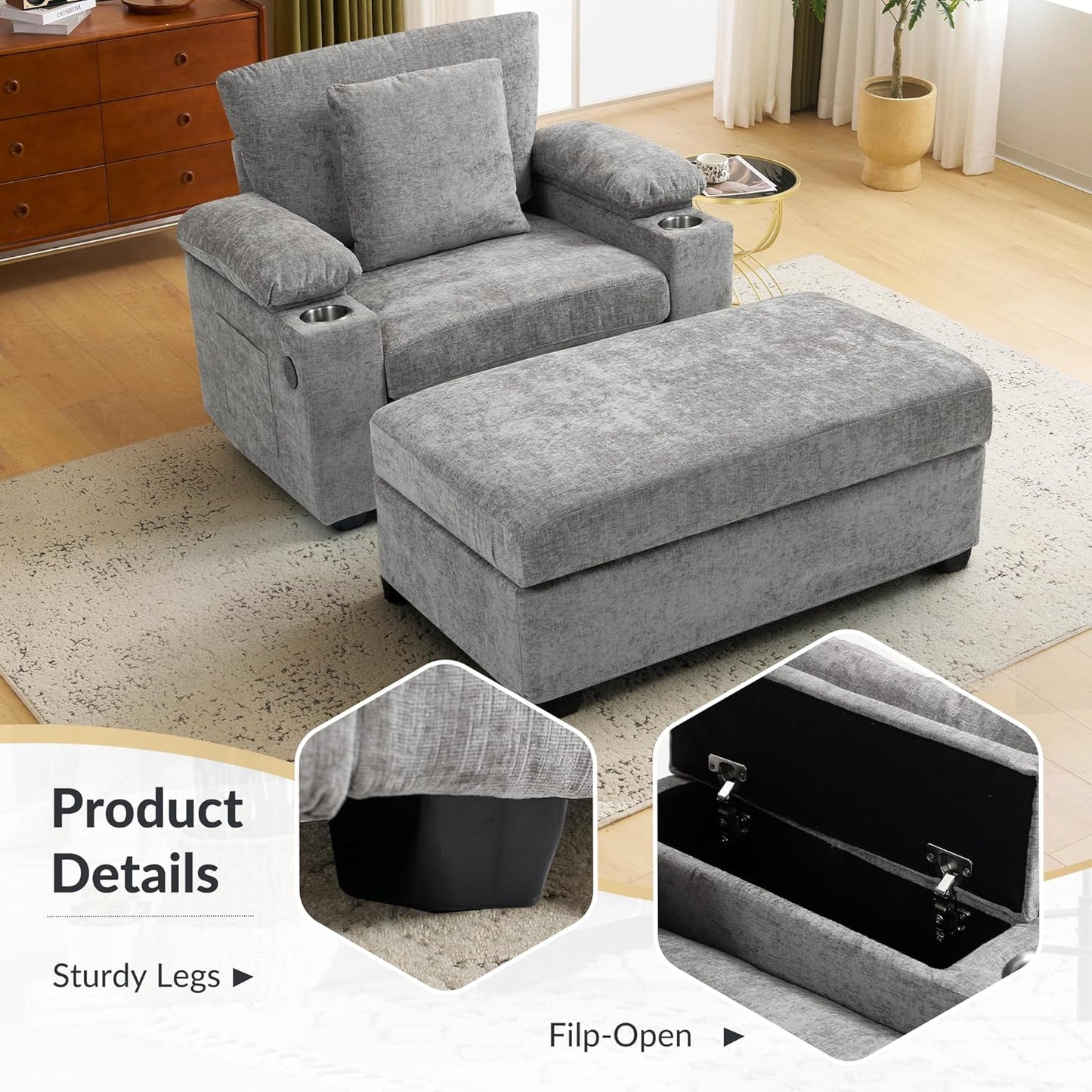 Modern Ergonomic Accent Chair with Ottoman - Supportive Oversized Lounge Chair for Living Room, Bedroom, Reading, Vanity, Comfy Seating with Lumbar Support, Cup Holders and Stylish Design,Grey-Chenill