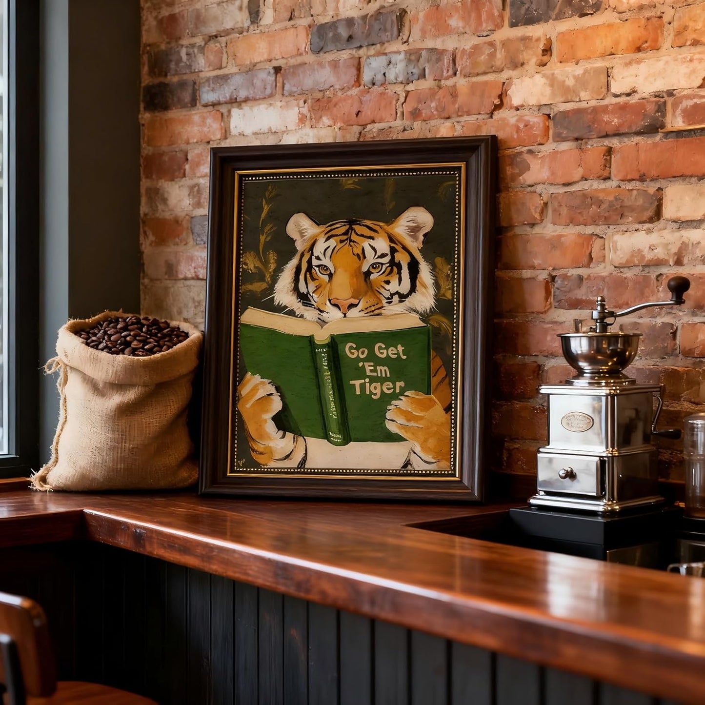 Vintage Framed Wall Art Motivational Tiger Go Get’Em Tiger Animal Reading Painting Picture Wall Decor Humorous Bookworm Poster Print Artwork for Library Office Or Study Home Decoration