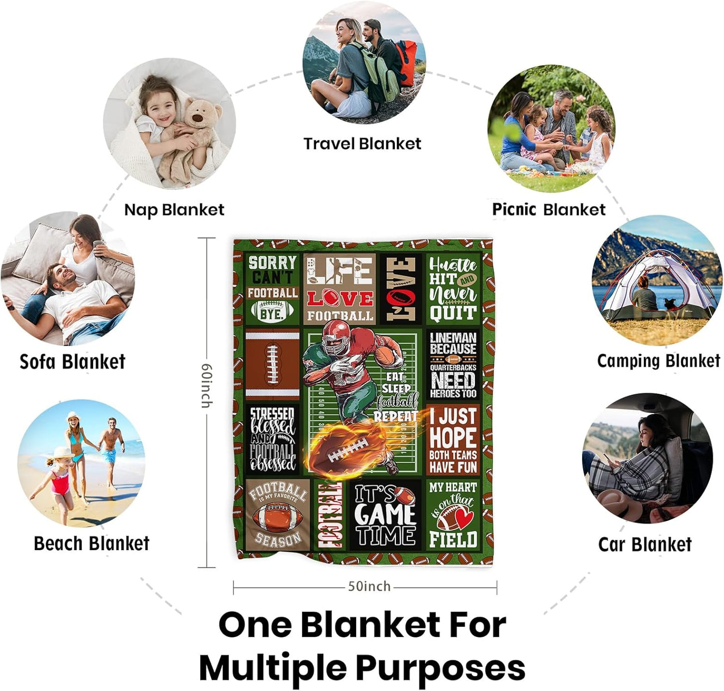 Football Throw Blanket for Couch & Bed - 50x60 Inch Soft Lightweight Flannel for Fans, Team Spirit Graphics, Cozy Gift for Players, Men & Women