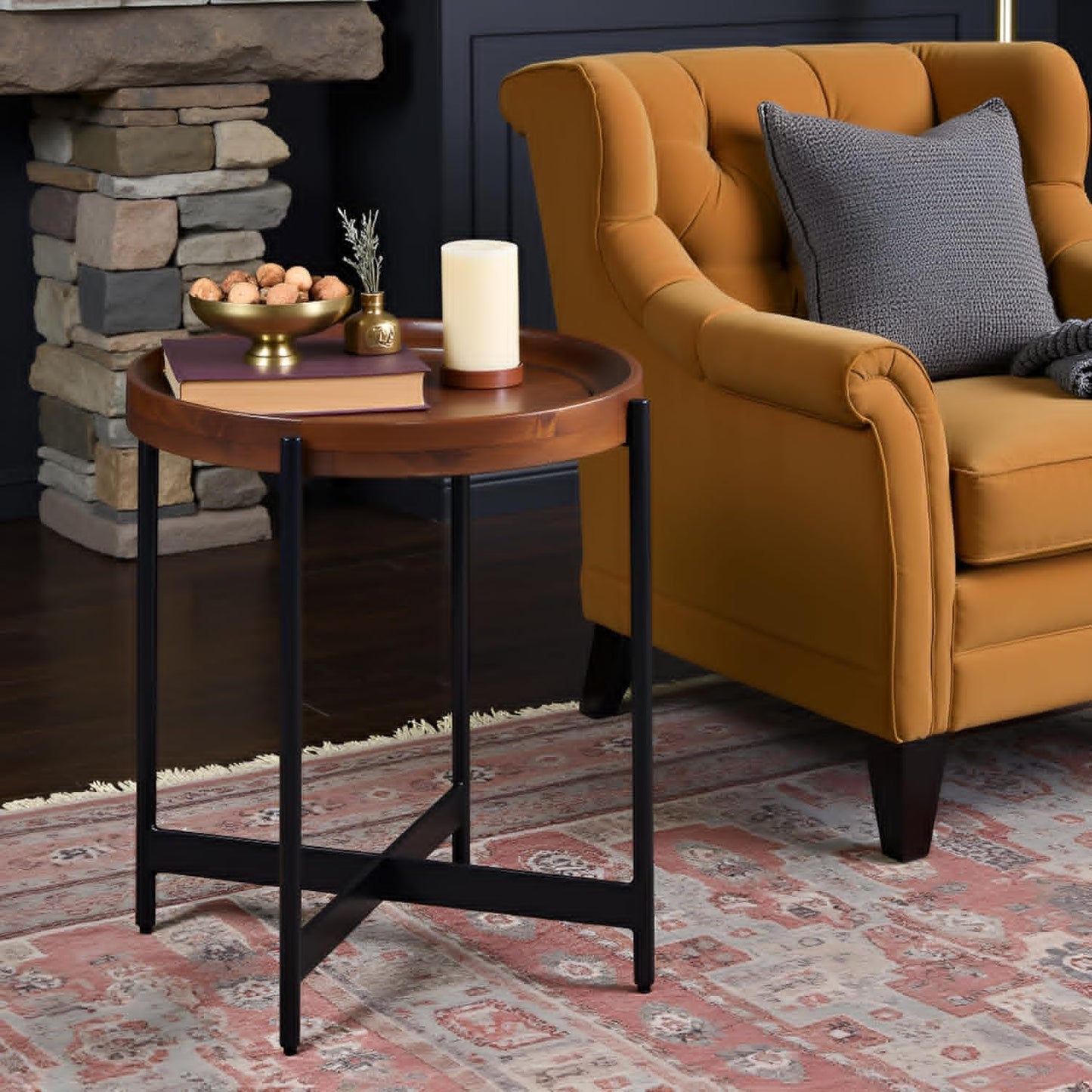 Brookline 20" Round Wood End Table – Solid Top with Tray Edge and Black Metal Legs – Rustic Farmhouse Accent Table for Living Room, Bedroom, or Small Spaces by Alaterre Furniture (Medium Chestnut)