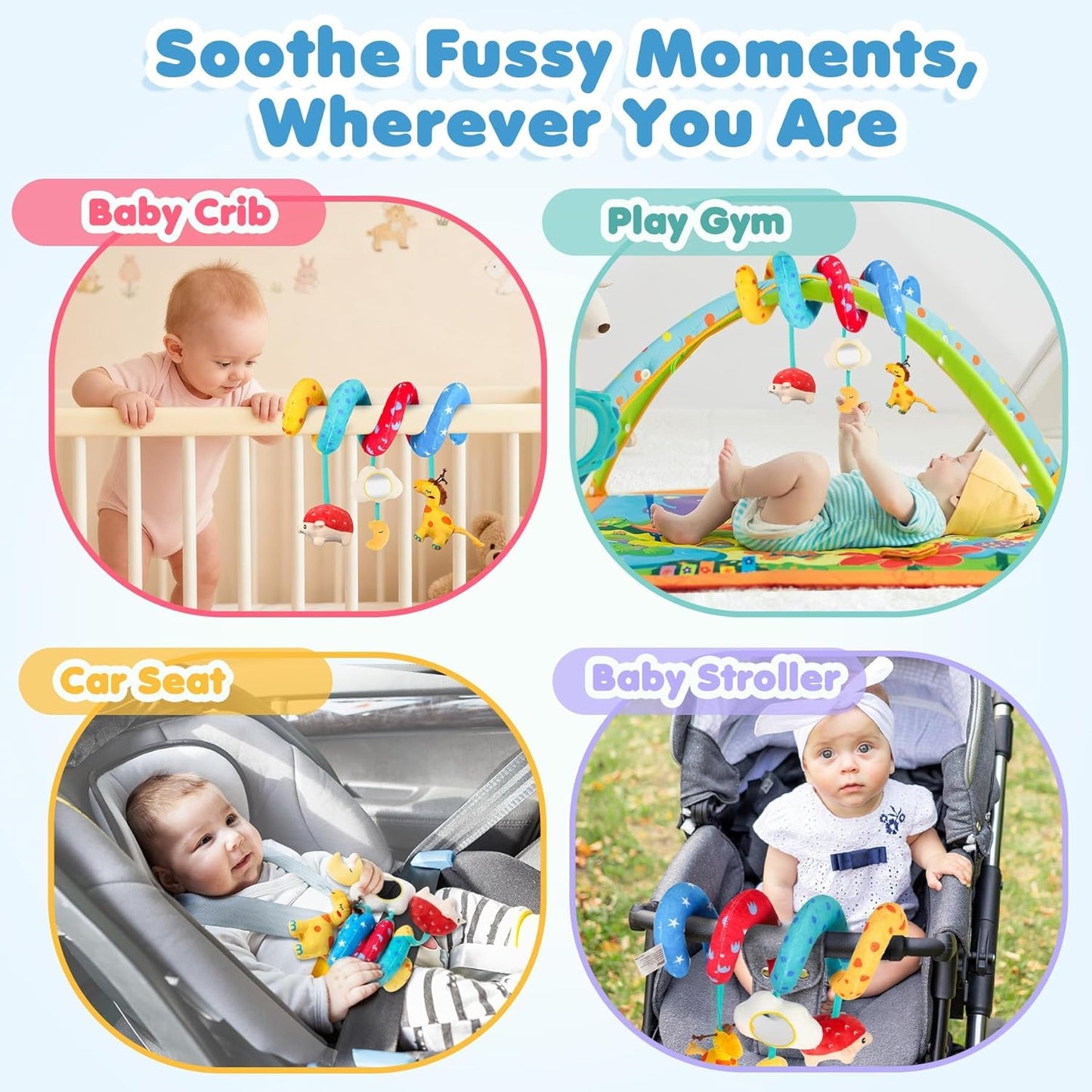 URMYWO Car Seat Toys for Babies 0-6 Months, Hanging Toy Fits Stroller, Sensory Baby Toy with Bell Crinkle Mirror, Baby Travel Gear Shower Gift for Boys Girls, Easter Basket Stuffers