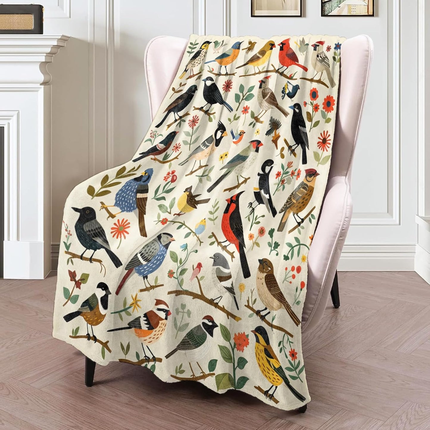 Colorful Bird Flannel Blanket 50x60in, Cute Nature Throw with Whimsical Songbirds and Floral Branches, Soft Lightweight Blankets for Birds Lovers, Spring Decor, Cottagecore Gifts