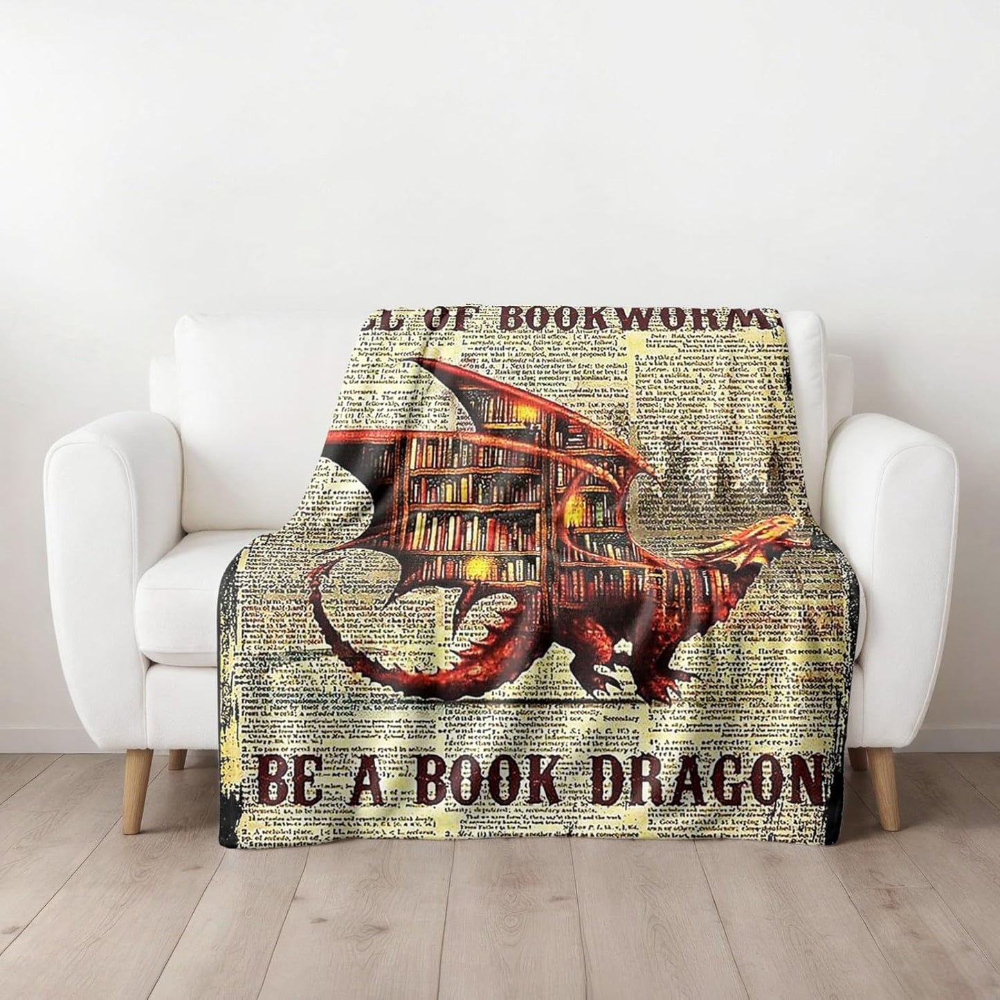 Book Dragon Fleece Blanket Cozy Throw for Book Lovers, Vintage Dragon Design on Text Background, Warm and Soft Reading Blanket for Home, Couch, or Bed (L80 xW60)