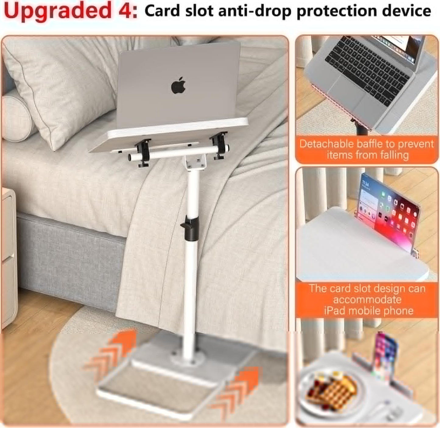 TV Tray Table for Couch, Height Adjustable/360° Swivel/180° Flip-Over Panel Design C-Shaped End Table, Sofa Arm End Side Table with Phone & Tablet Slot for Eating, Laptop,Couch Bed (White)