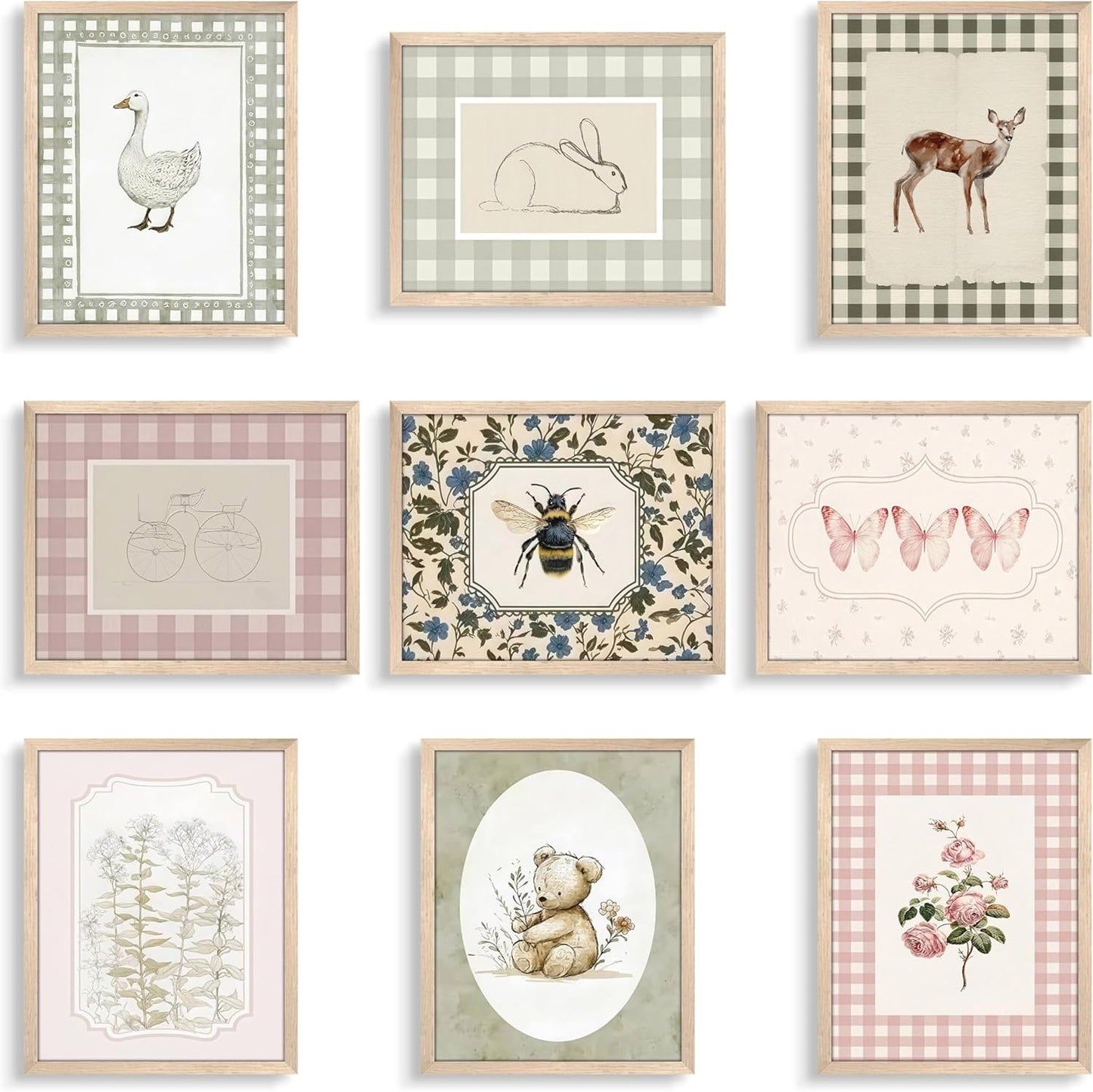 wanyun Vintage Nursery Animal Wall Art Set of 9, Cute Forest Animal Canvas Prints Poster, Rustic Cottage Farm Nursery Wall Decor Painting for Baby Kids Room Playroom, 8x10 Inch Unframed
