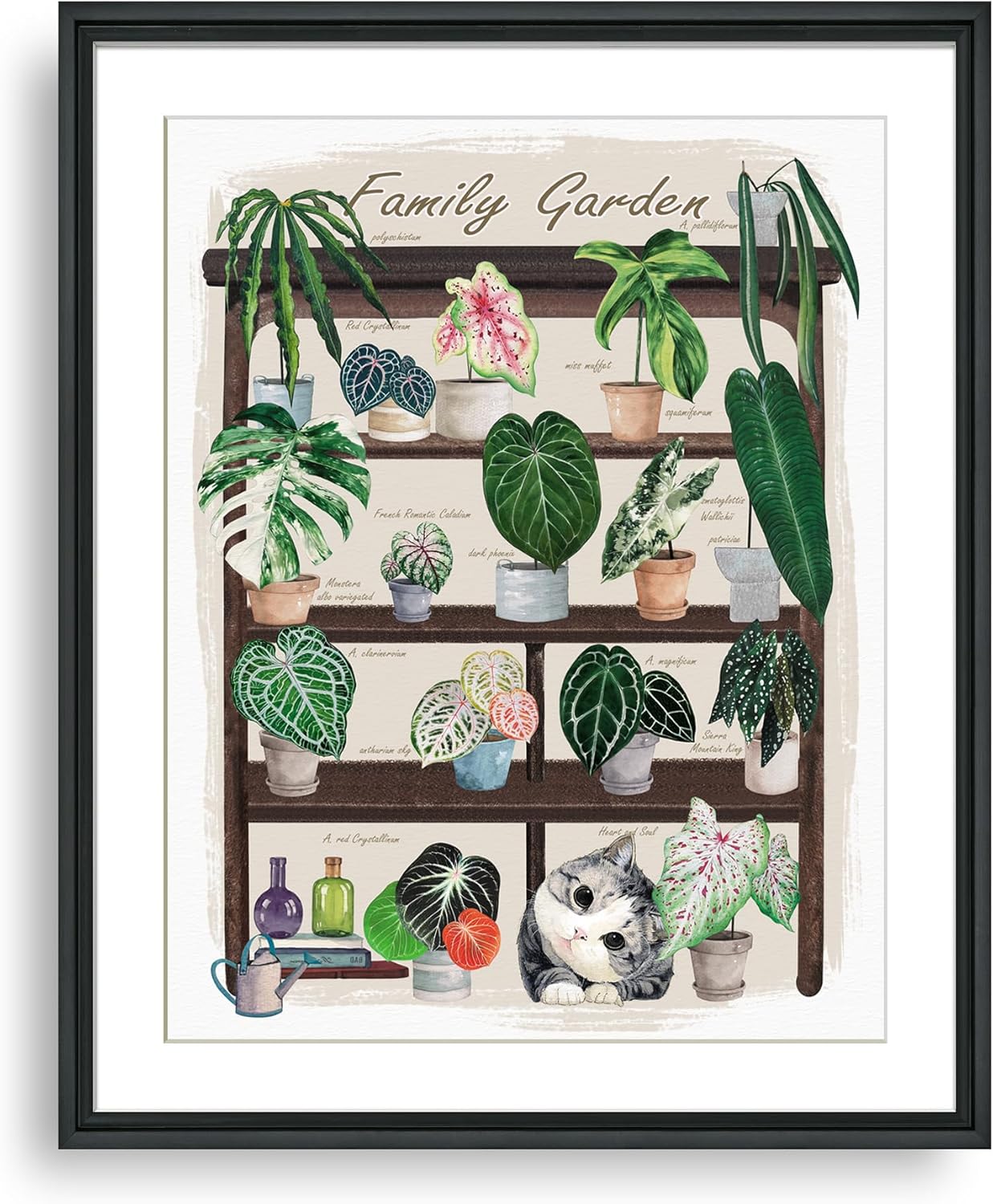 TimAsh Unframed Funny Cat Botanical Wall Art Family Garden Modern Green Plant Decor Tropical Boho Style Cute Kitten Canvas Prints for Bedroom Bathroom Living Room 16'' x 12''