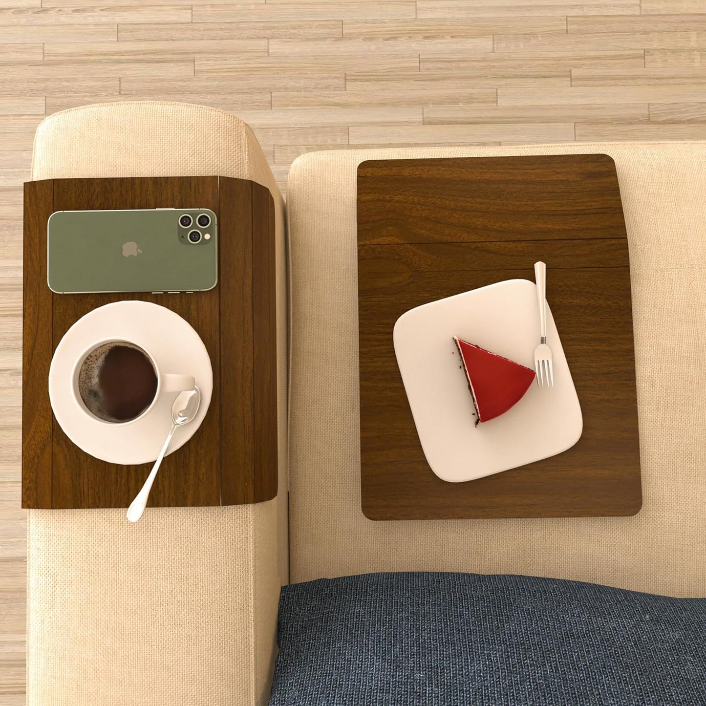 Set of 2 Wooden Sofa Tray, Armrest Tray Table for Couch, Foldable, Flexible Sofa Tray with 15.8" x 11", Snacks, Remote Control or Phone Holder | Rose