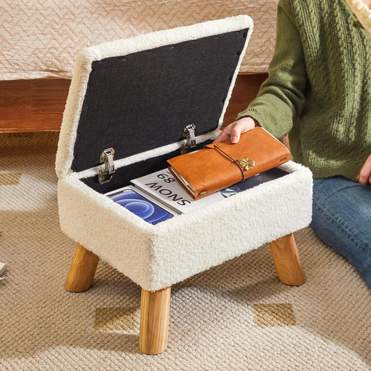 YMYNY Storage Ottoman, Small Foot Stool Ottoman with Storage, Foot Rest with Padded Seat, Teddy Velvet, Sturdy Wood Legs Stool for Living Room Bedroom Couch Enterway, White UHBD042W
