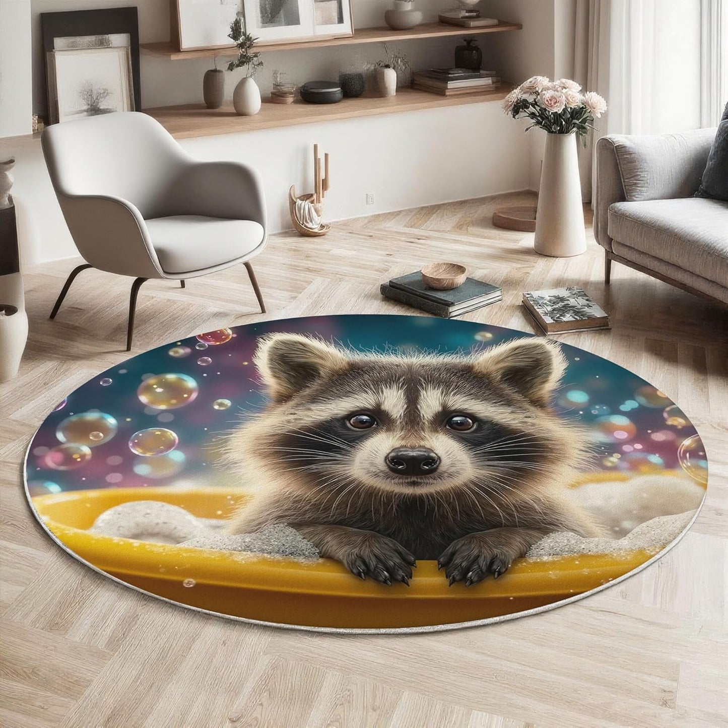 Round Area Rug, 3Ft Washable Non-Slip Blue Brown Raccoon Bubble Bath Circle Rug, Soft Low-Pile Fun Animals Indoor Small Circular Carpet for Bedroom Entryway Dining Living Room