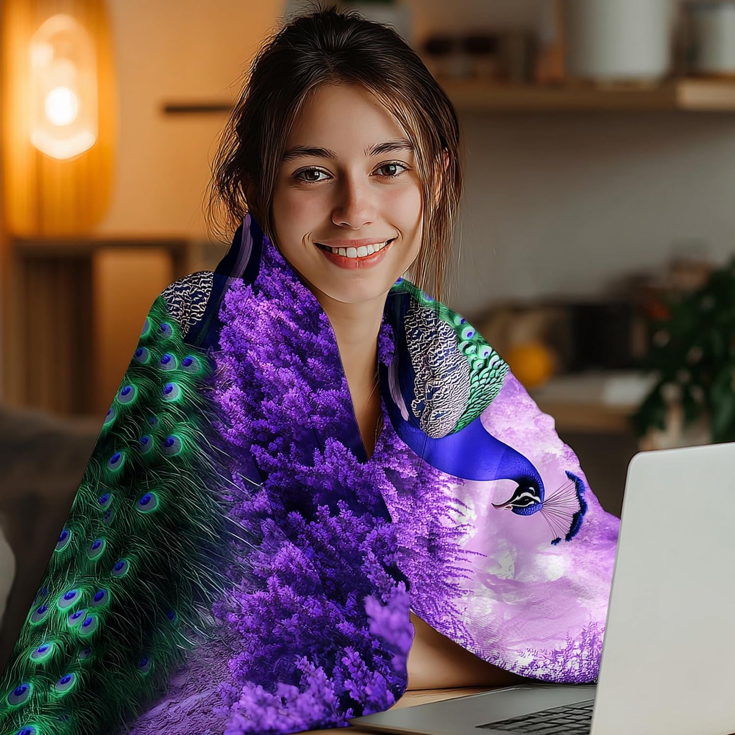 Peacock Gifts for Women, Super Soft Graceful Peacock Decor Purple Lavender Throw Blanket Gifts for Women Girls, Peacocks Stuffed Animal for Kids, Warm Cozy Fuzzy Plush Fleece Flannel Blankets 60"x50"