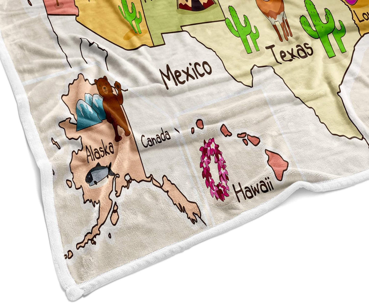 Kids Map of The United States Beige Throw Blanket, Fun Geography USA Camping Blankets for Bed, Animal Fleece Flannel Blanket for Sofa Couch Girls Boys Children Room Decor, 50X60in
