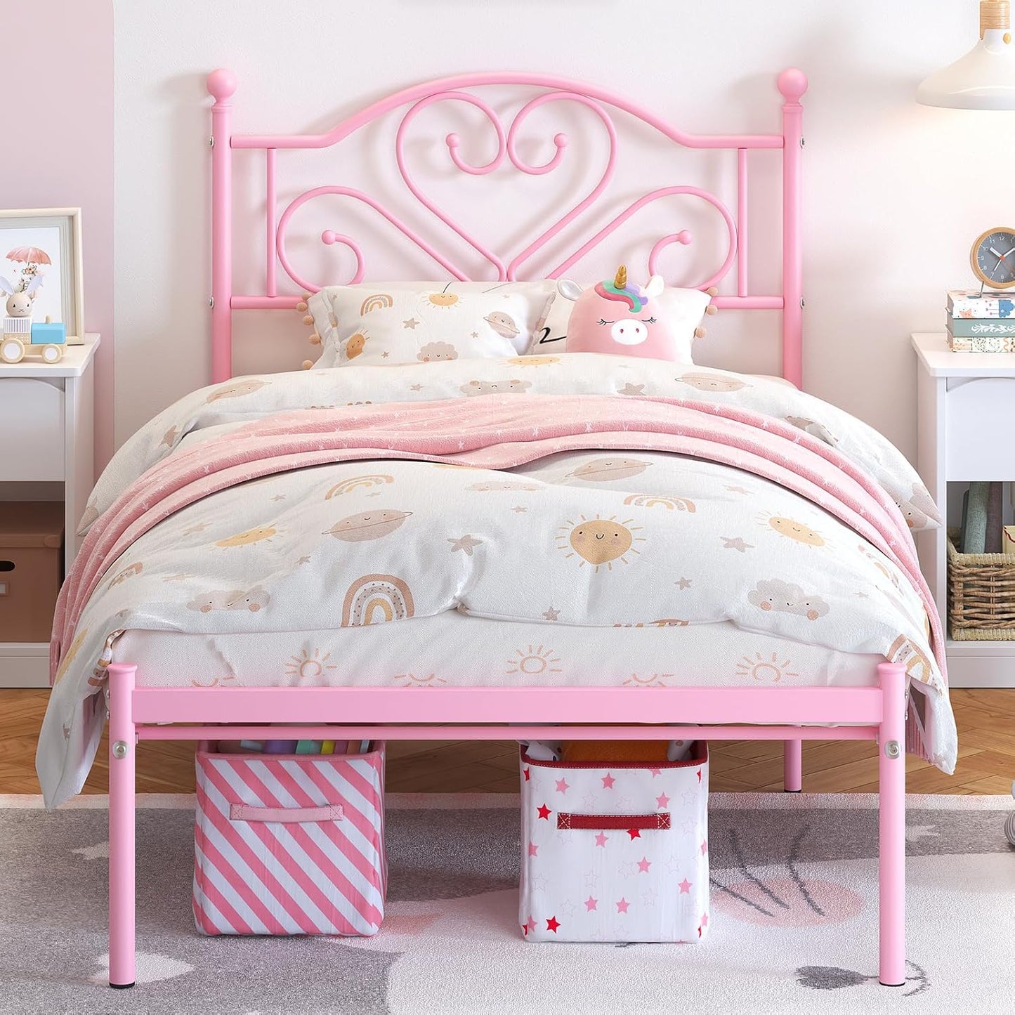 Weehom Twin Bed Frames with Headboard, Heavy Duty Metal Platform Under Bed Storage Space Easy Assembly for Kids Girls Adults, Pink