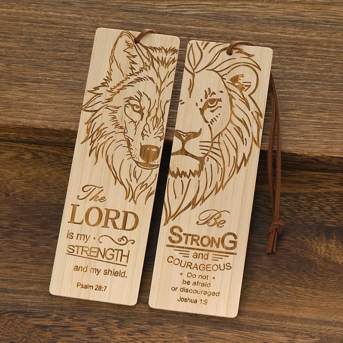 2 Pcs Bible Bookmark Bamboo Bookmarks for Men, Inspirational Christian Religious Gifts for Men Book Marks for Reading Men (Wolf and Lion)