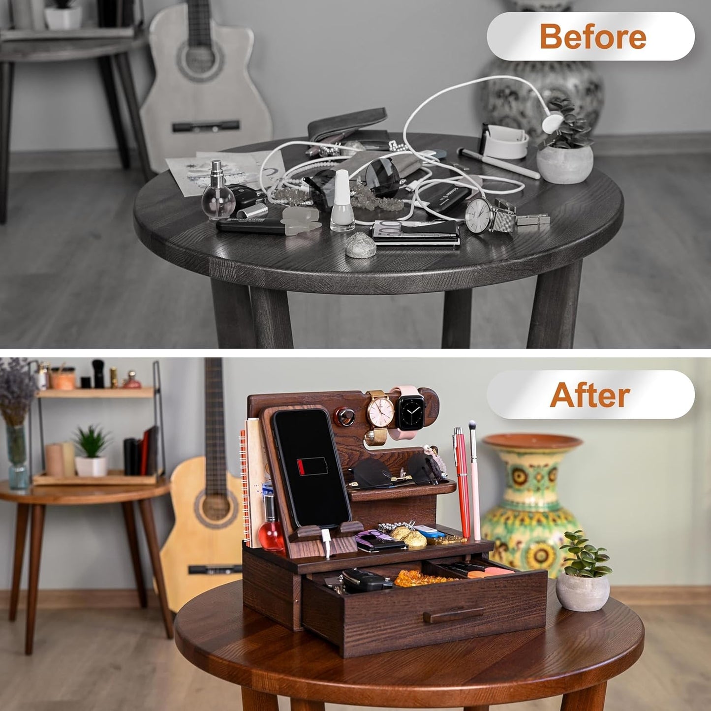 TESLYAR Wood Phone Docking Station with Drawer - Nightstand Organizer - Desk Organizer for Husband - Birthday Gifts for Men, Dad, Anniversary Idea, Key Holder Stand Watch & Accessories (Bourbon Brown)
