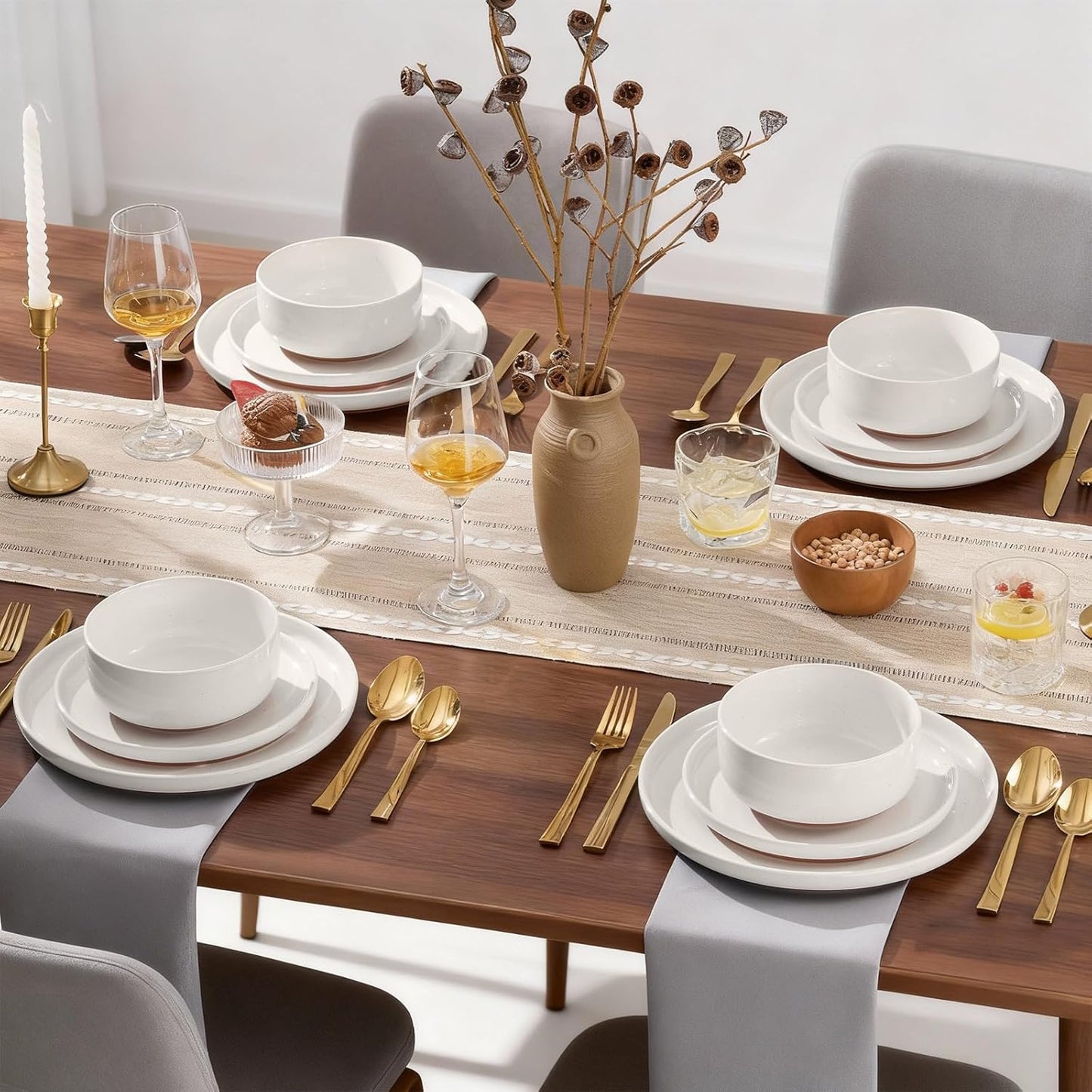 E-far 12-Piece Stoneware Dinnerware Sets, Plates and Bowls Sets for 4, Ceramic Dishware Dishes Set with Terracotta Base, Chip & Scratch Resistant, Microwave & Dishwasher Safe, Speckled White